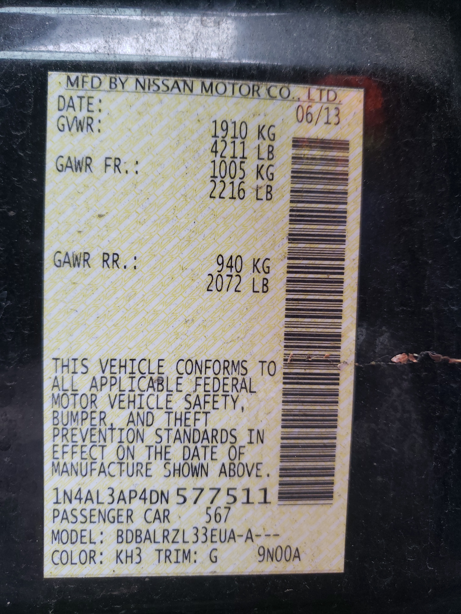 Photo 10 from auction – 2013 NISSAN ALTIMA 2.5 with VIN 1N4AL3AP4DN577511