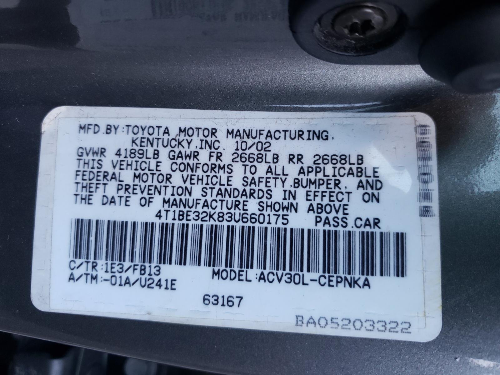 Photo 10 from auction – 2003 TOYOTA CAMRY LE with VIN 4T1BE32K83U660175