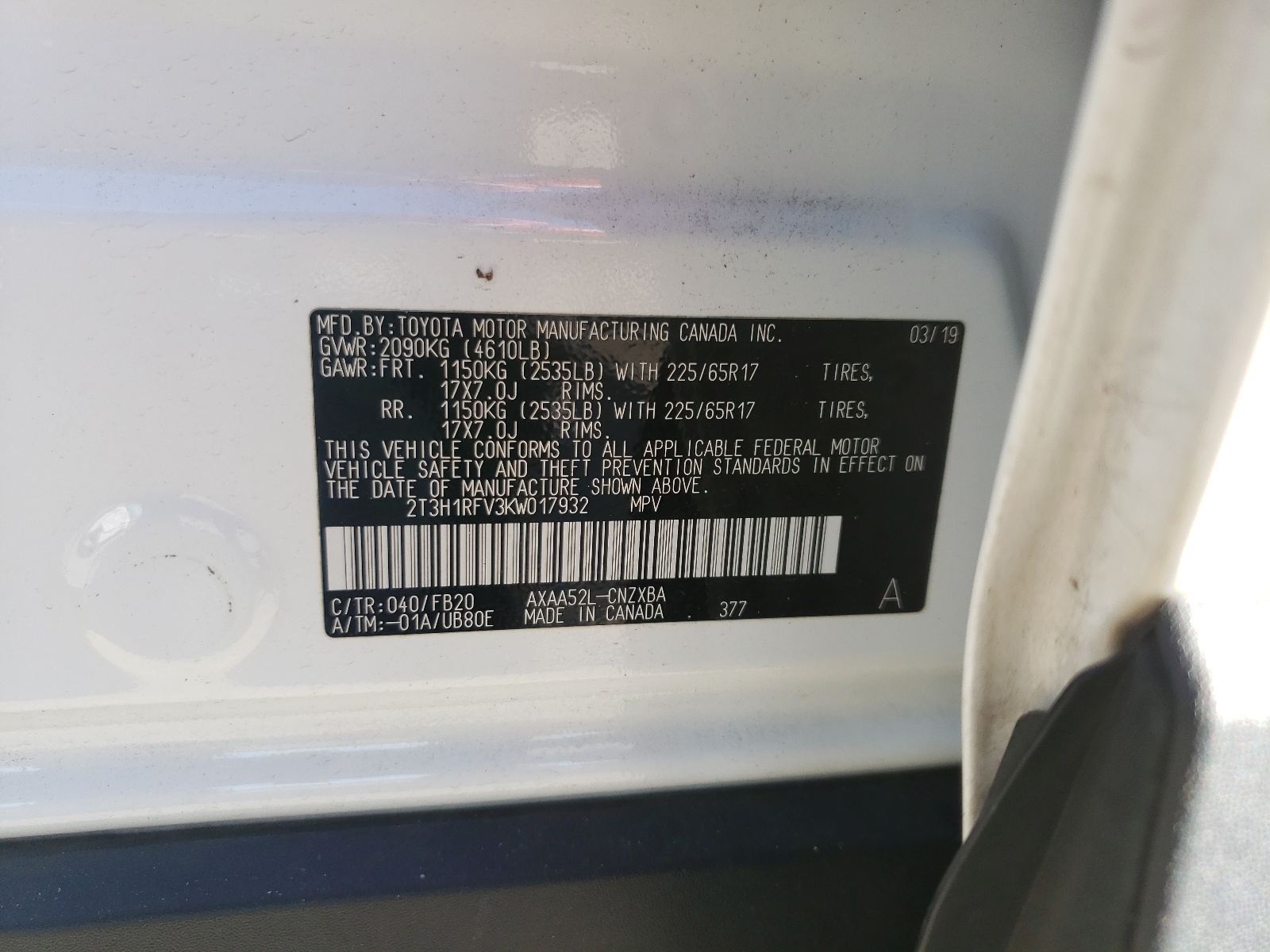 Photo 10 from auction – 2019 TOYOTA RAV4 LE with VIN 2T3H1RFV3KW017932