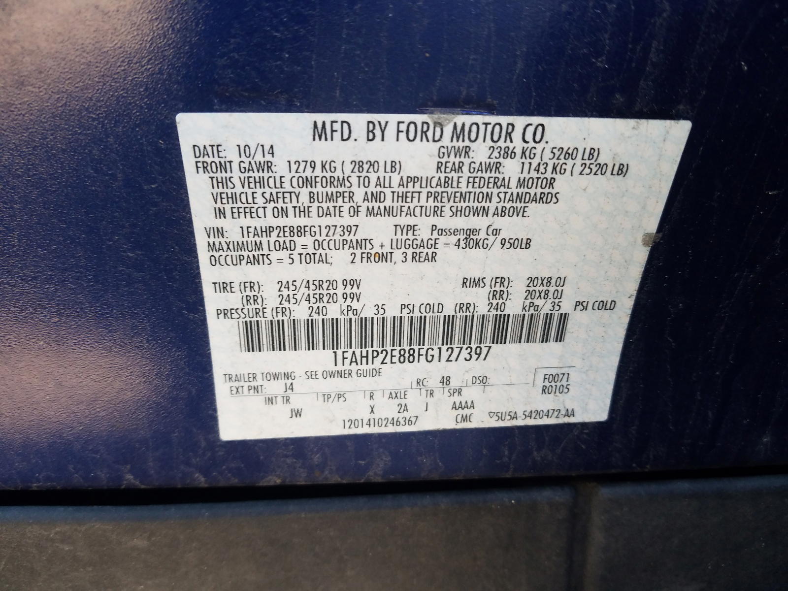 Photo 10 from auction – 2015 FORD TAURUS SEL with VIN 1FAHP2E88FG127397