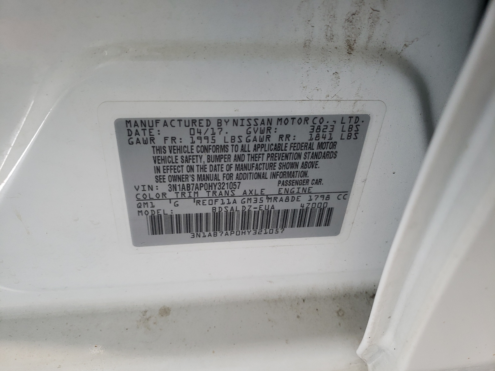 Photo 10 from auction – 2017 NISSAN SENTRA with VIN 3N1AB7AP0HY321057