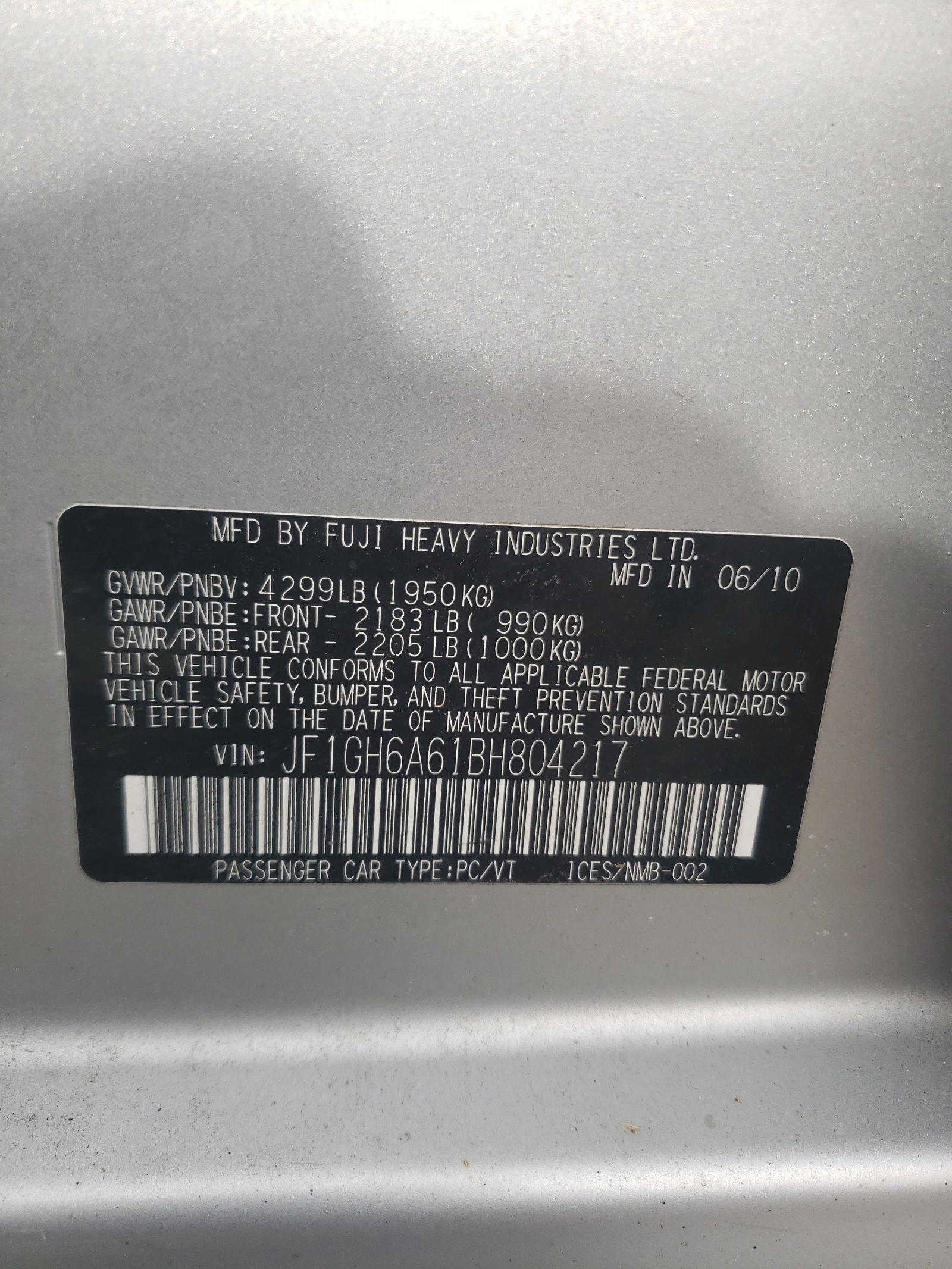 Photo 10 from auction – 2011 SUBARU IMPREZA with VIN JF1GH6A61BH804217