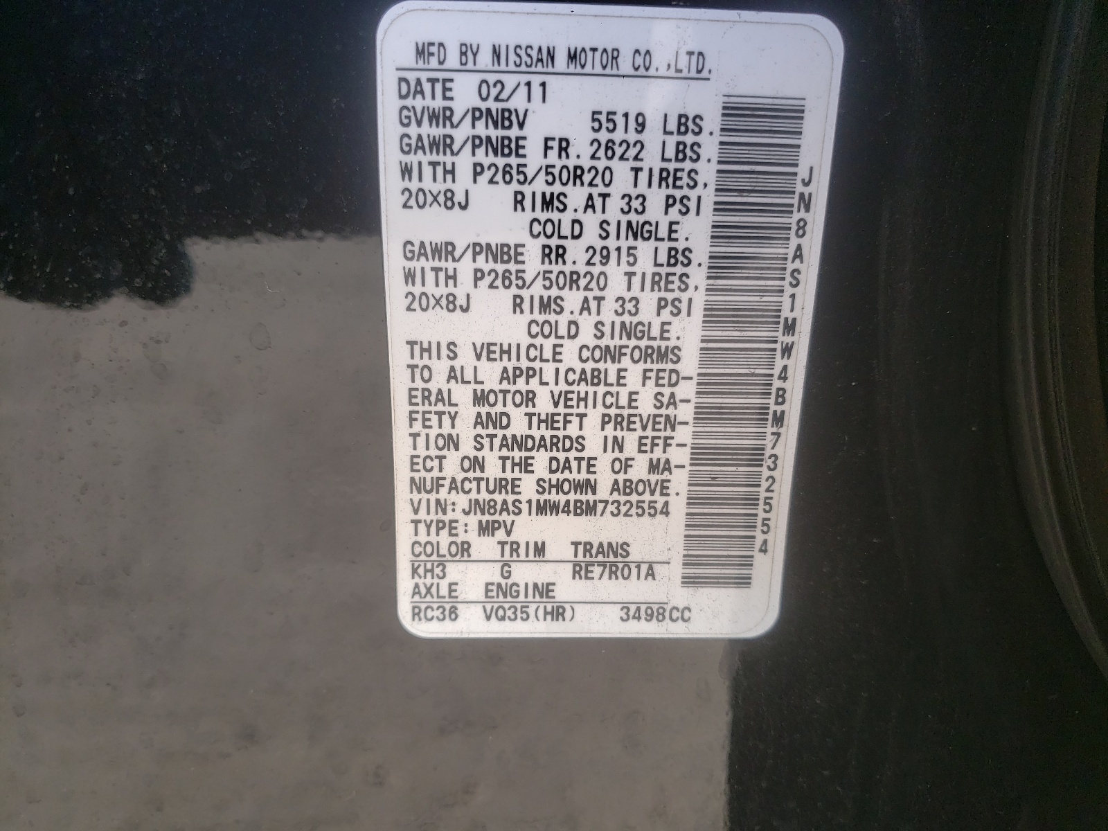 Photo 10 from auction – 2011 INFINITI FX35 with VIN JN8AS1MW4BM732554