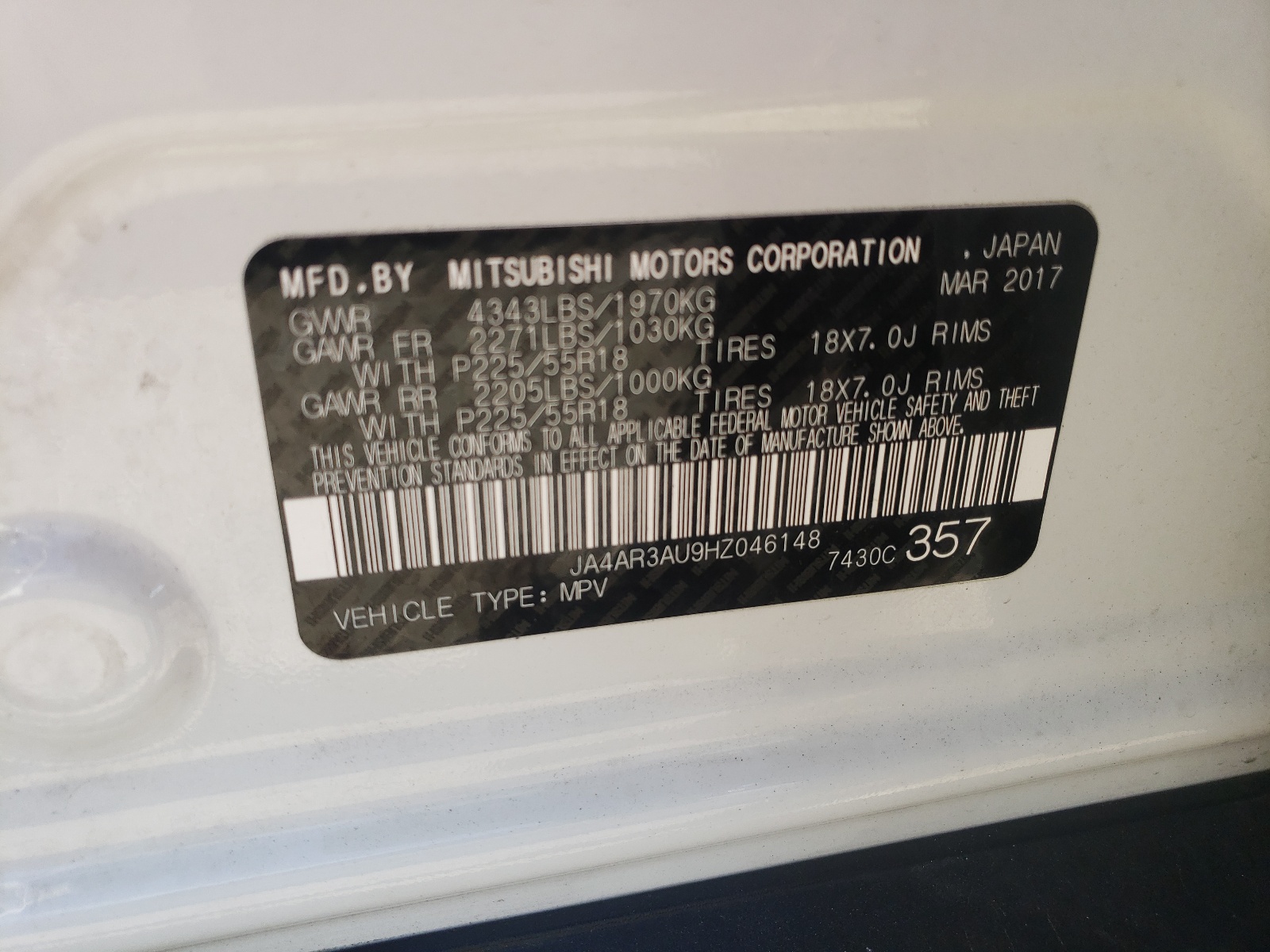 Photo 10 from auction – 2017 MITSUBISHI OUTLANDER with VIN JA4AR3AU9HZ046148