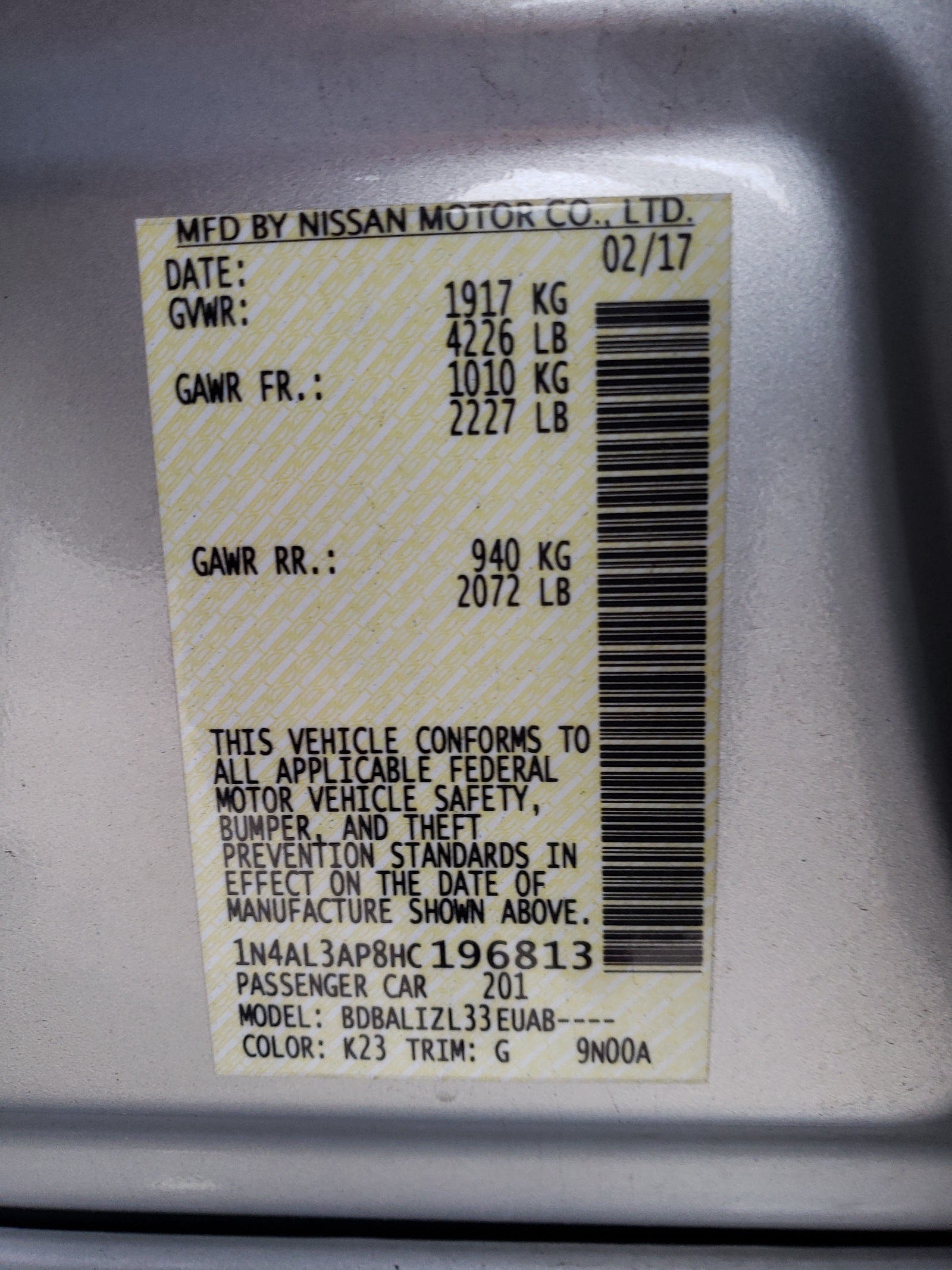Photo 10 from auction – 2017 NISSAN ALTIMA 2.5 with VIN 1N4AL3AP8HC196813