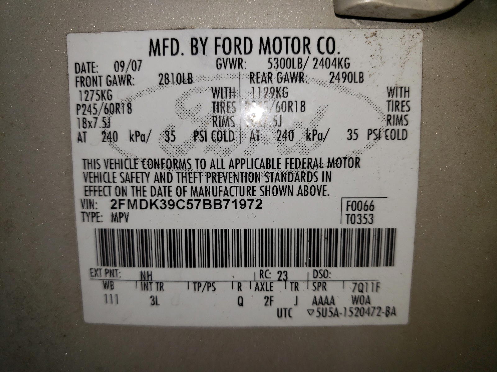 Photo 10 from auction – 2007 FORD EDGE SEL P with VIN 2FMDK39C57BB71972