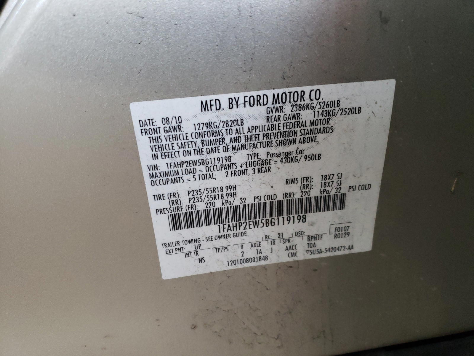 Photo 10 from auction – 2011 FORD TAURUS SEL with VIN 1FAHP2EW5BG119198