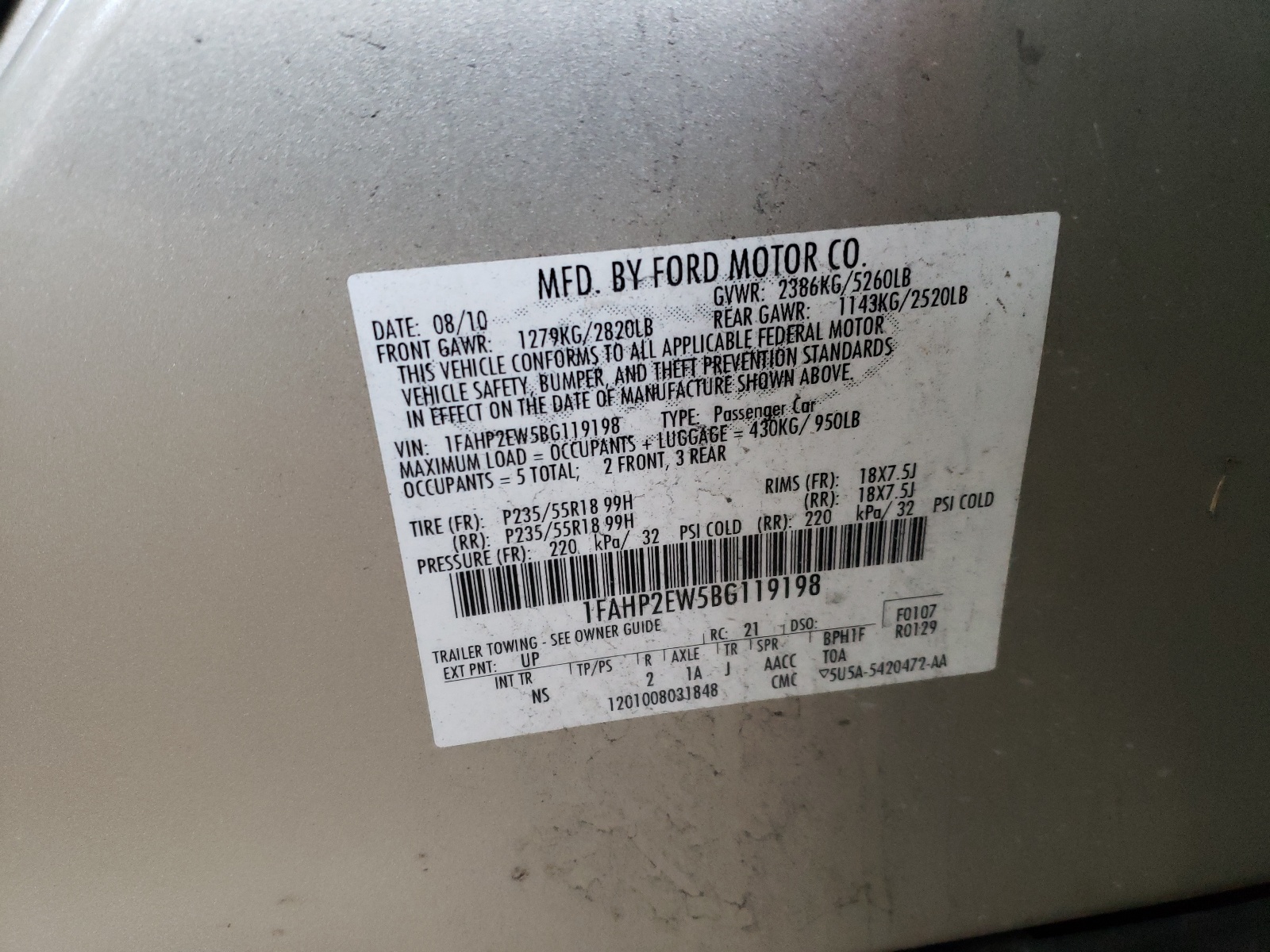Фото 10 с аукциона – 2011 FORD TAURUS SEL с VIN 1FAHP2EW5BG119198