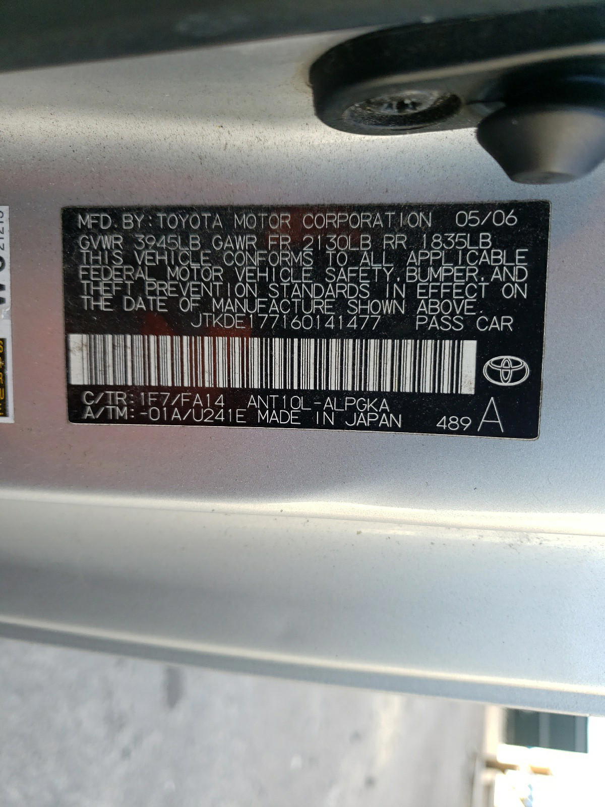 Photo 10 from auction – 2006 SCION TC with VIN JTKDE177160141477