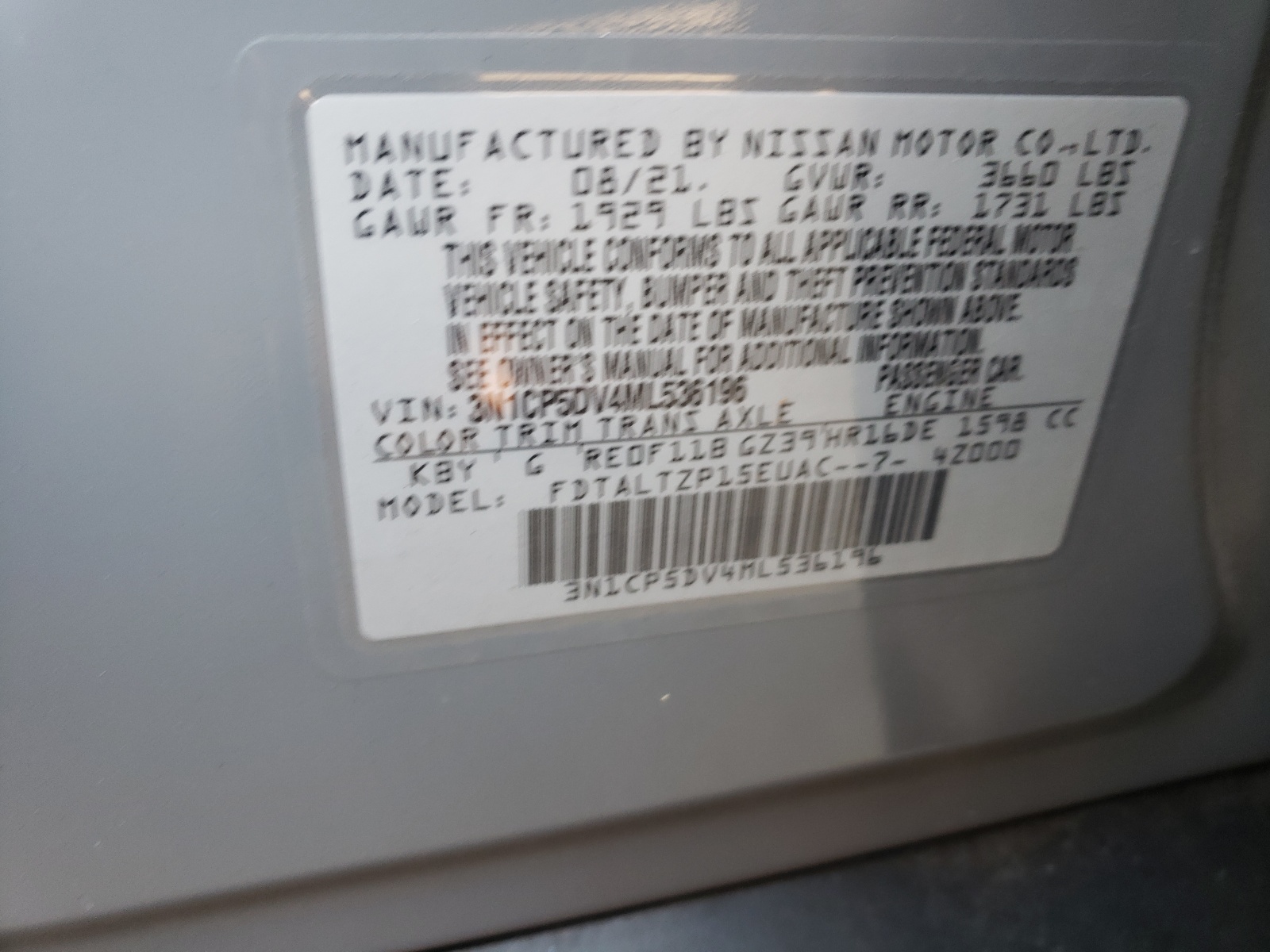 Photo 10 from auction – 2021 NISSAN KICKS SV with VIN 3N1CP5DV4ML536196