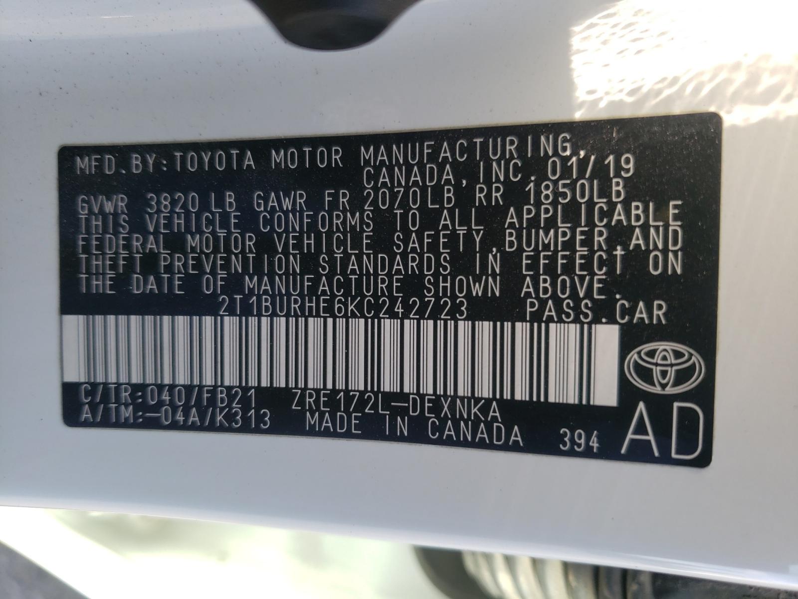 Photo 10 from auction – 2019 TOYOTA COROLLA L with VIN 2T1BURHE6KC242723