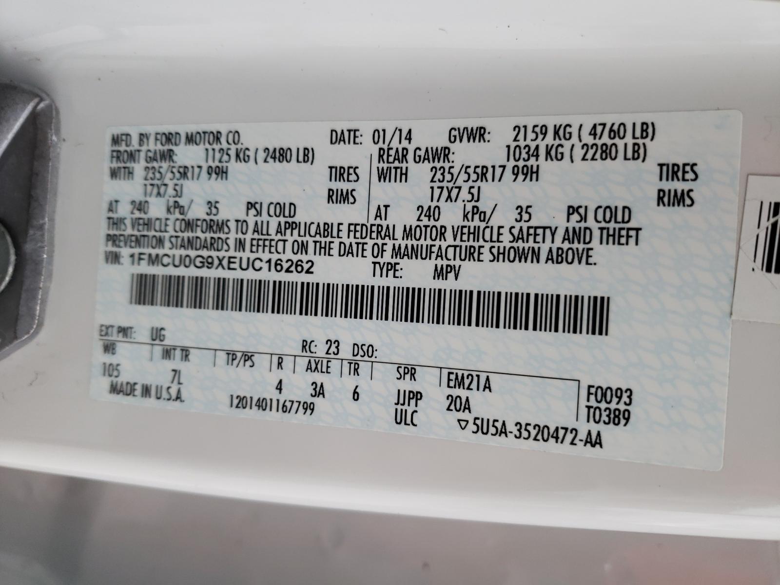 Photo 10 from auction – 2014 FORD ESCAPE SE with VIN 1FMCU0G9XEUC16262
