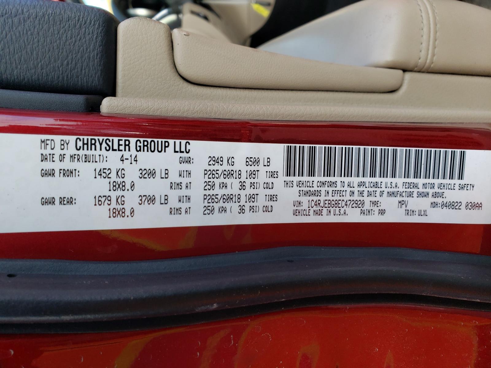 Photo 10 from auction – 2014 JEEP GRAND CHER with VIN 1C4RJEBG8EC472920