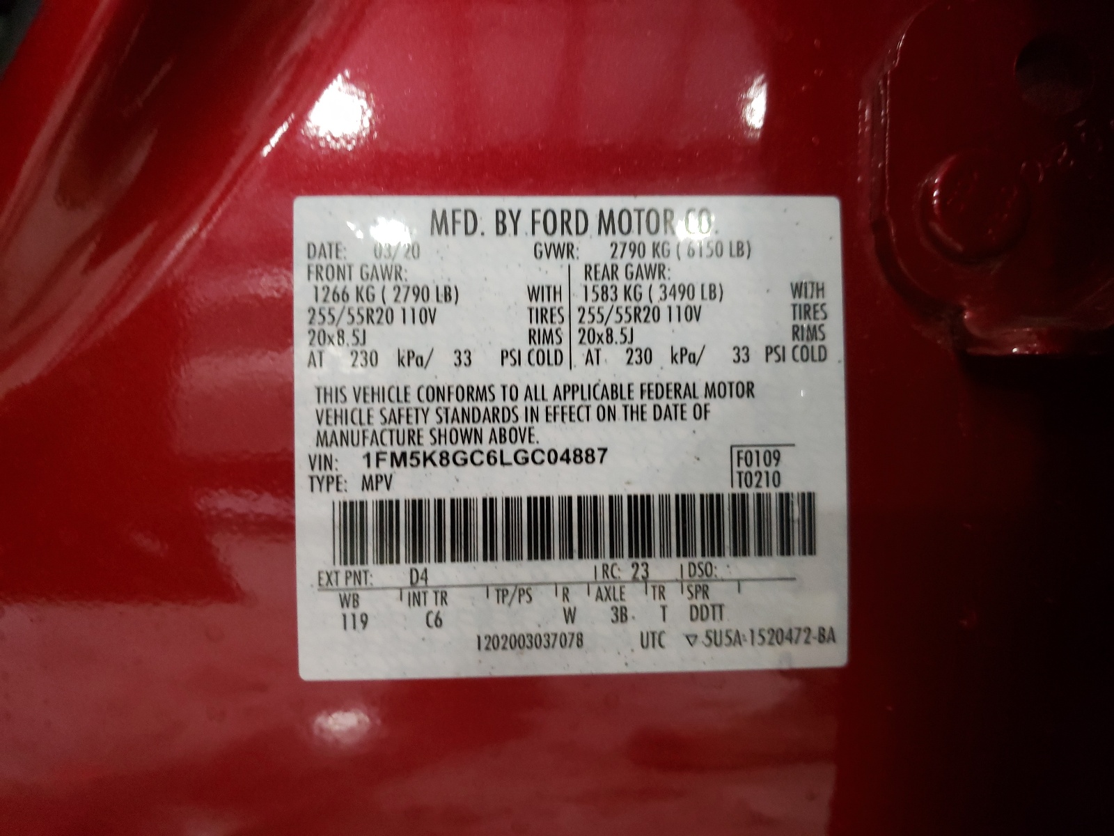 Photo 10 from auction – 2020 FORD EXPLORER S with VIN 1FM5K8GC6LGC04887