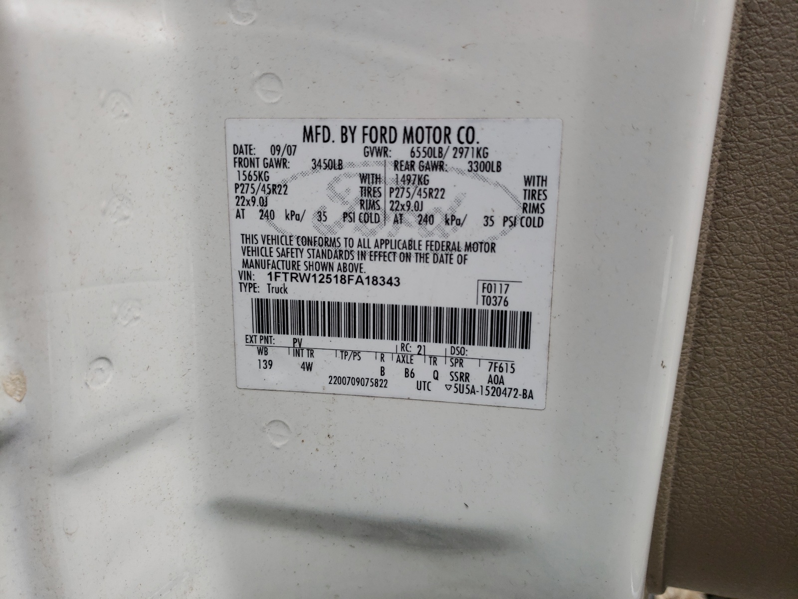 Photo 10 from auction – 2008 FORD F150 SUPER with VIN 1FTRW12518FA18343