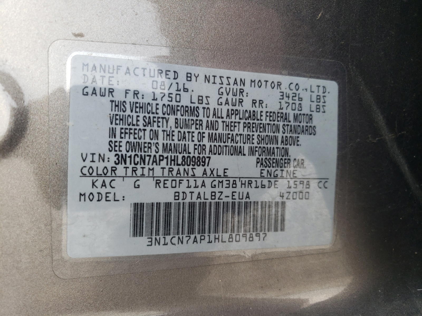 Photo 10 from auction – 2017 NISSAN VERSA S with VIN 3N1CN7AP1HL809897