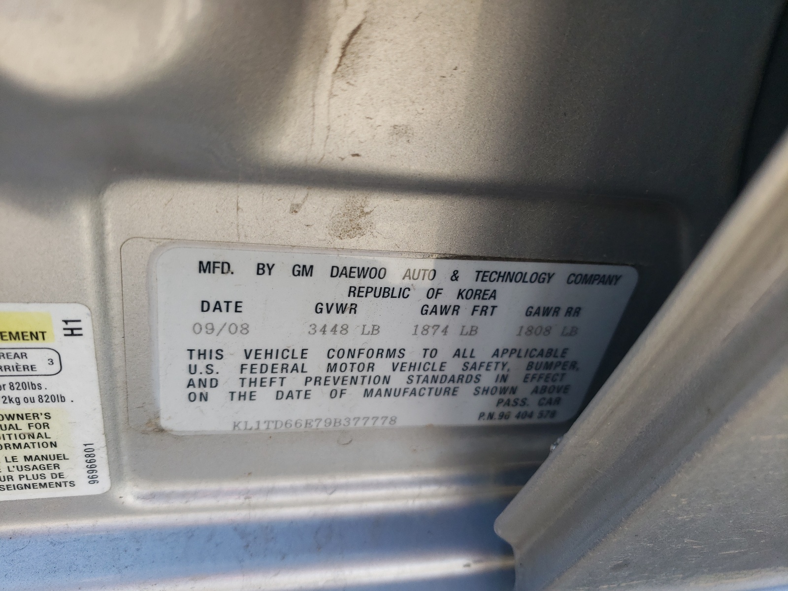 Photo 10 from auction – 2009 CHEVROLET AVEO LS with VIN KL1TD66E79B377778