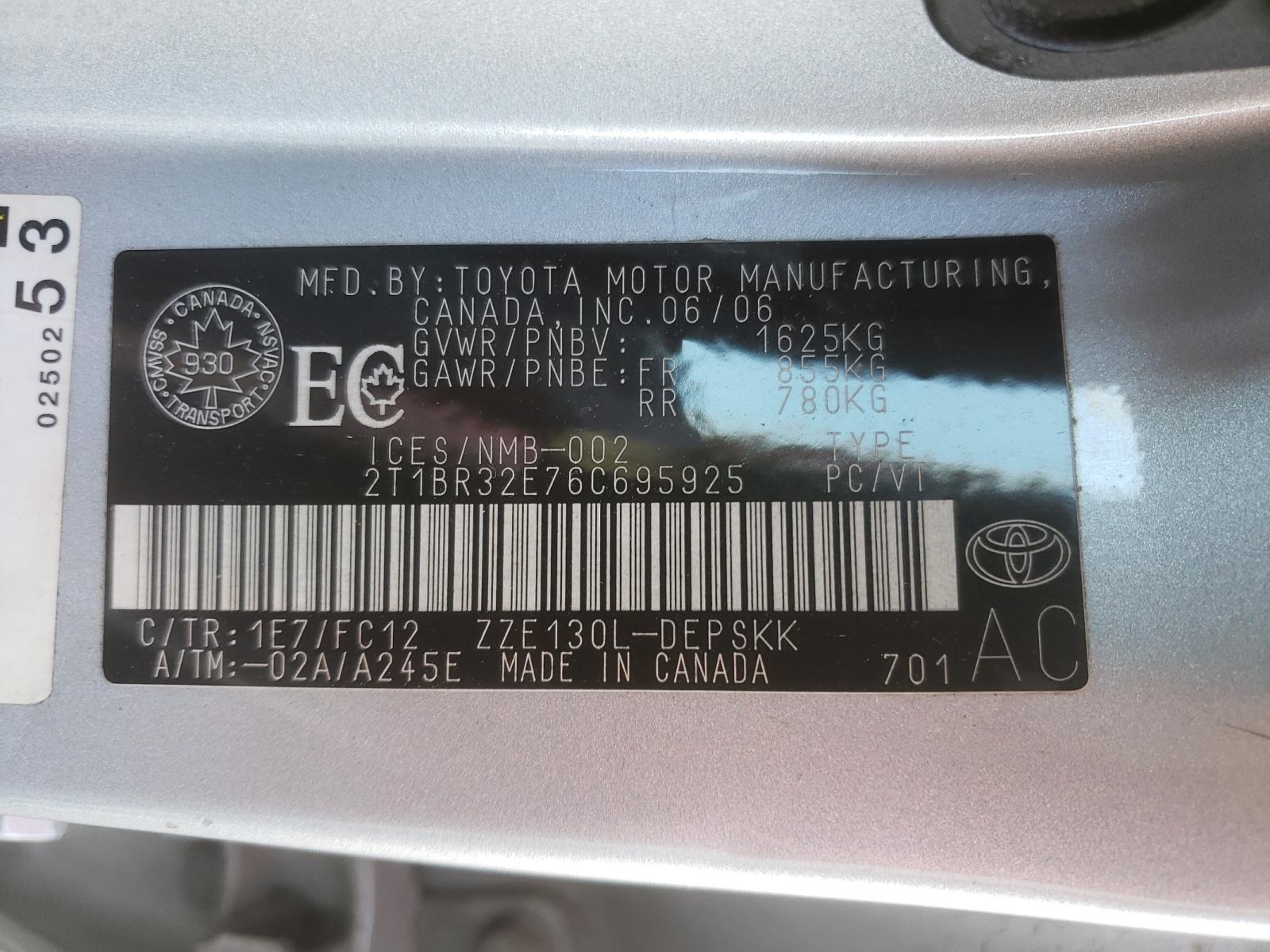 Photo 10 from auction – 2006 TOYOTA COROLLA CE with VIN 2T1BR32E76C695925