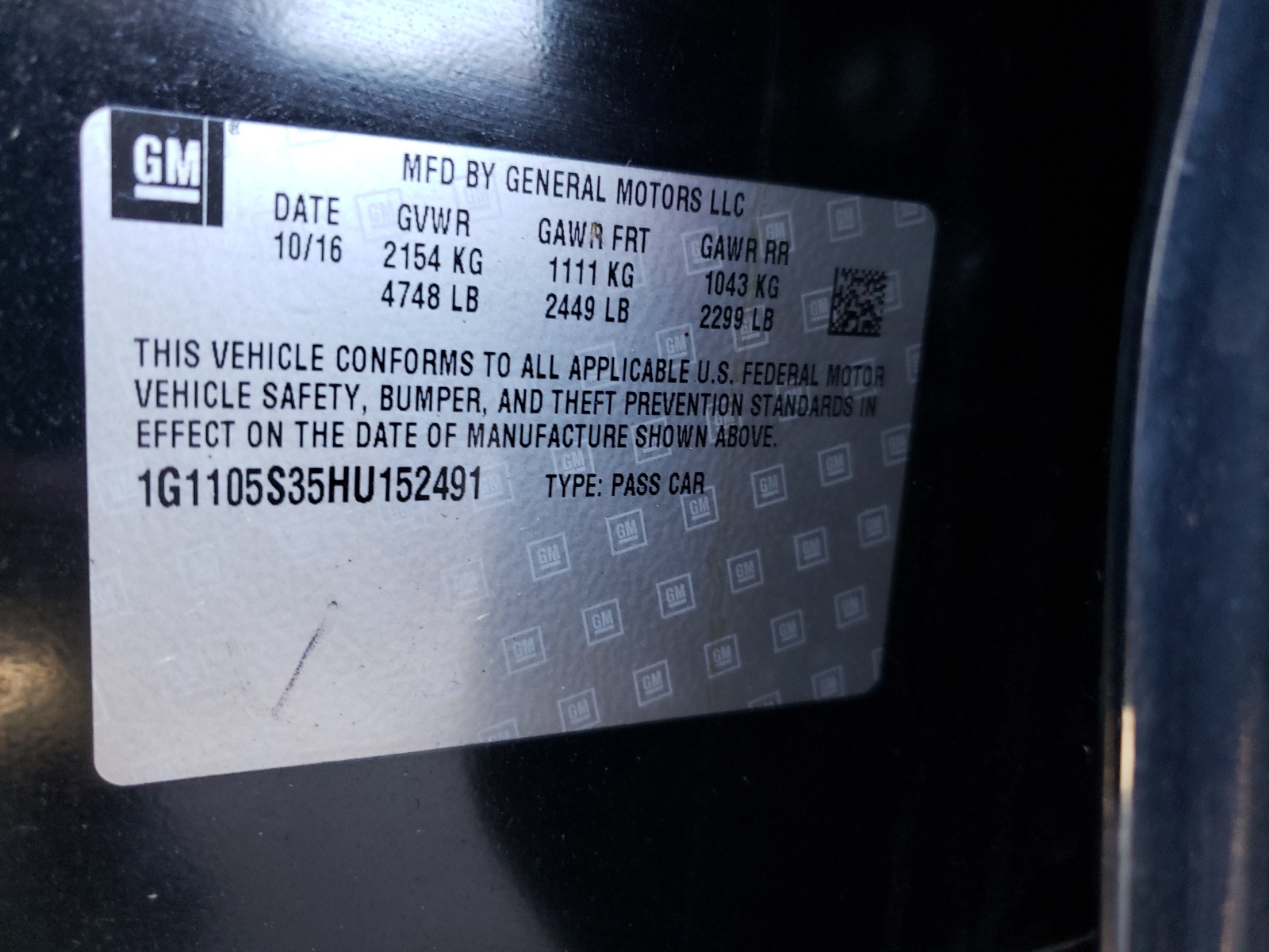 Photo 10 from auction – 2017 CHEVROLET IMPALA LT with VIN 1G1105S35HU152491