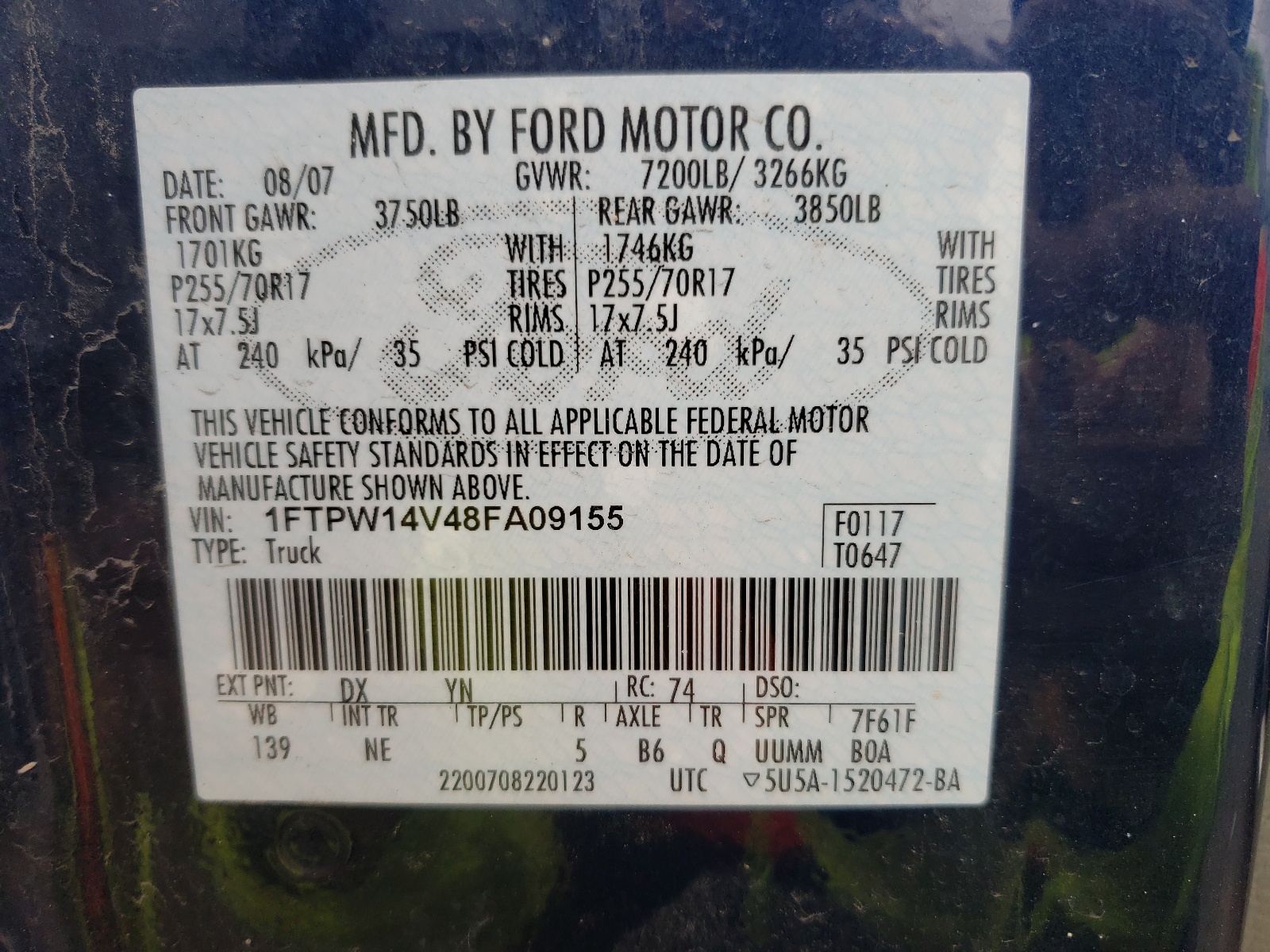 Photo 10 from auction – 2008 FORD F150 SUPER with VIN 1FTPW14V48FA09155