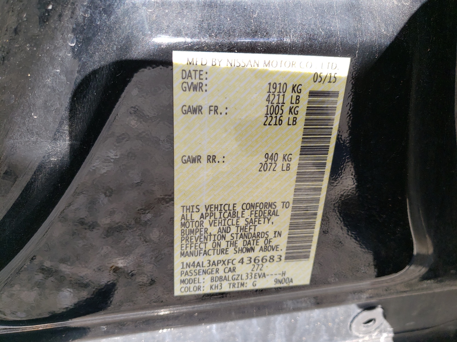 Photo 10 from auction – 2015 NISSAN ALTIMA 2.5 with VIN 1N4AL3APXFC436683
