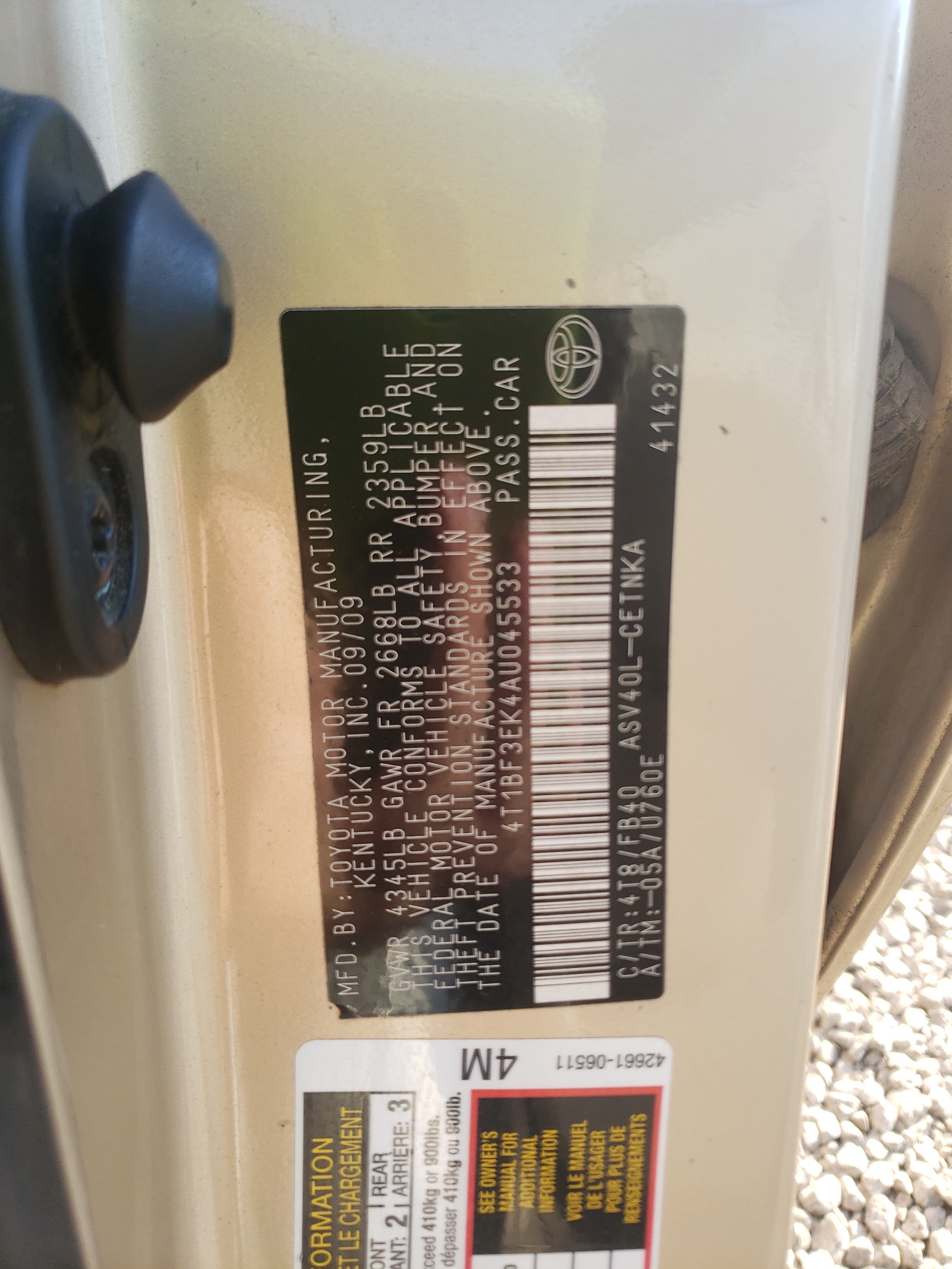 Photo 10 from auction – 2010 TOYOTA CAMRY BASE with VIN 4T1BF3EK4AU045533