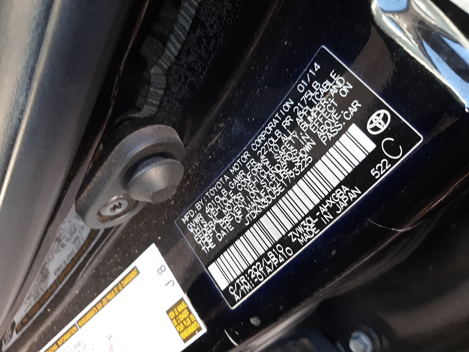 Photo 10 from auction – 2014 TOYOTA PRIUS with VIN JTDKN3DU5E1793225