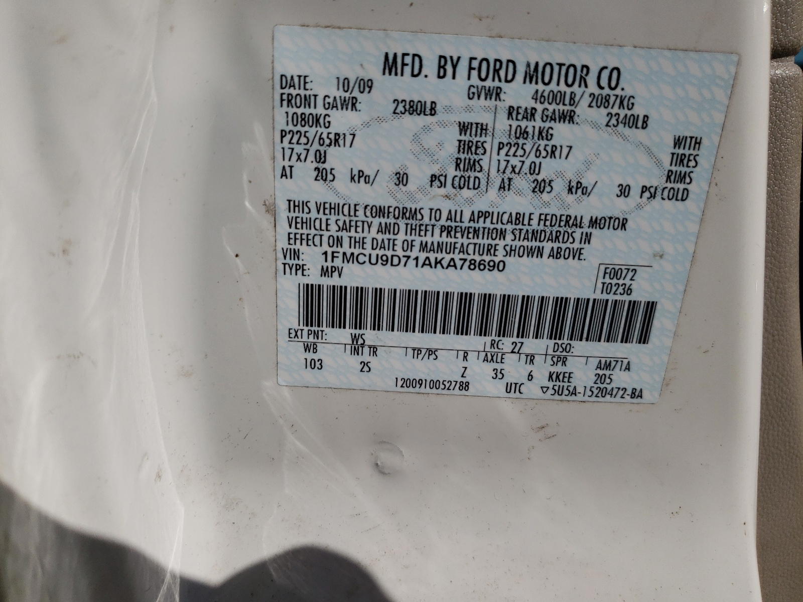 Photo 10 from auction – 2010 FORD ESCAPE XLT with VIN 1FMCU9D71AKA78690