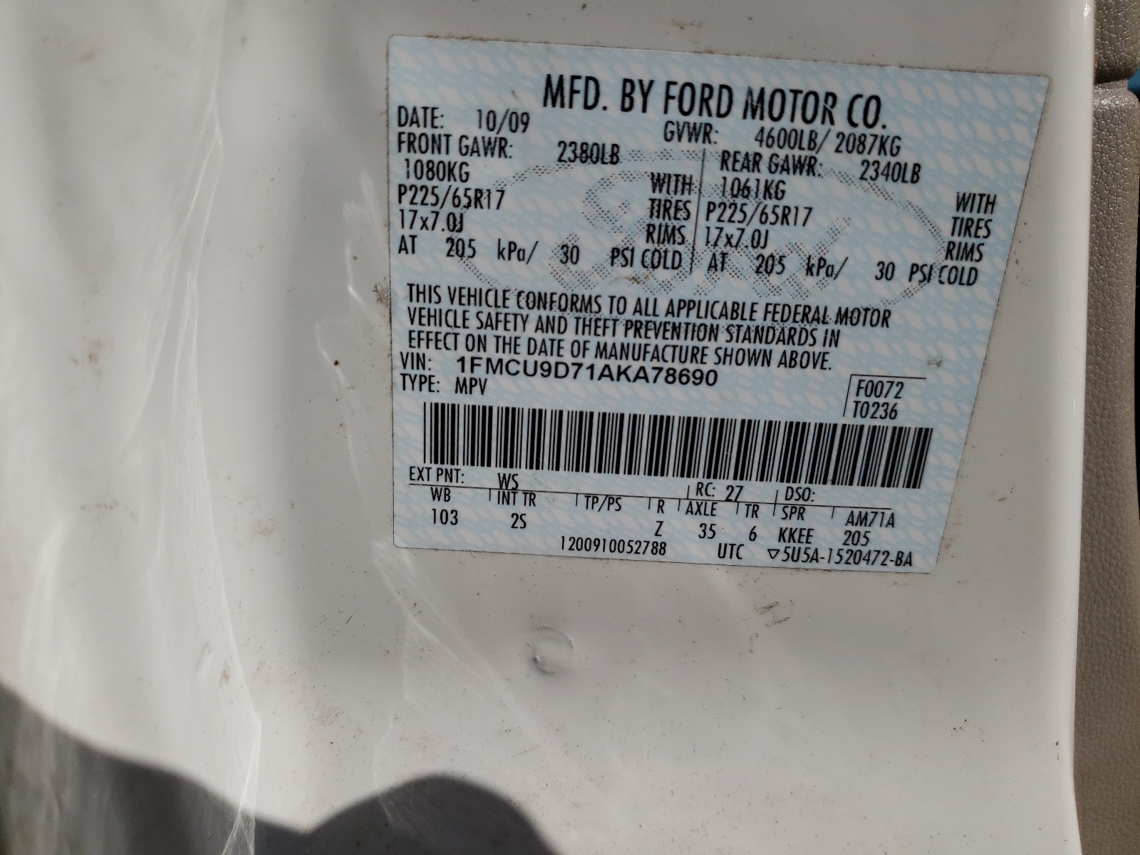 Zdjęcie 10 z aukcji – 2010 FORD ESCAPE XLT z VIN 1FMCU9D71AKA78690