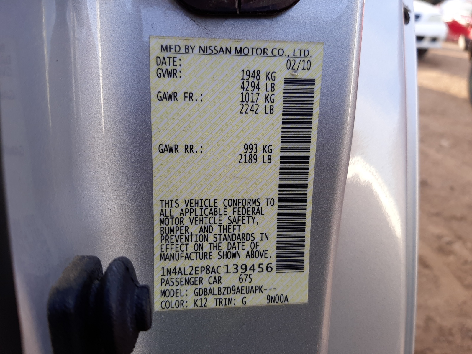 Photo 10 from auction – 2010 NISSAN ALTIMA S with VIN 1N4AL2EP8AC139456