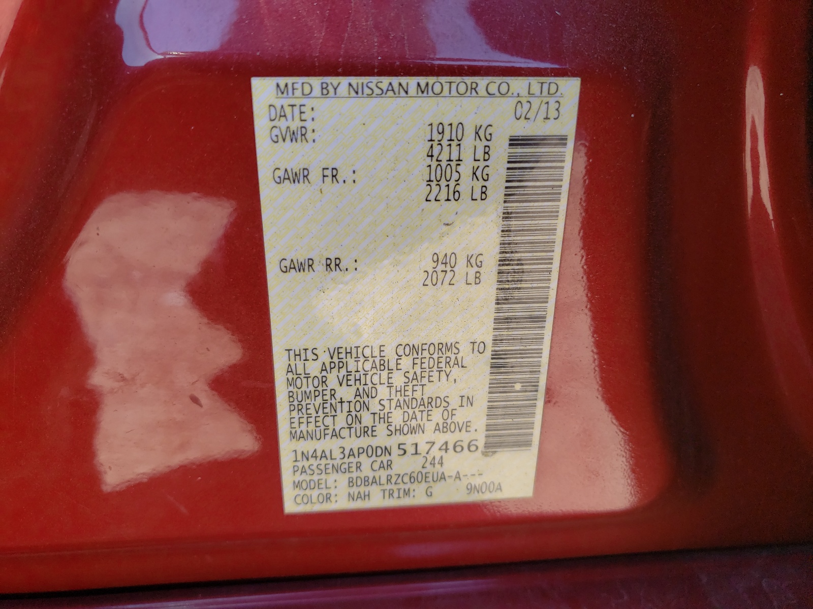 Photo 10 from auction – 2013 NISSAN ALTIMA 2.5 with VIN 1N4AL3AP0DN517466