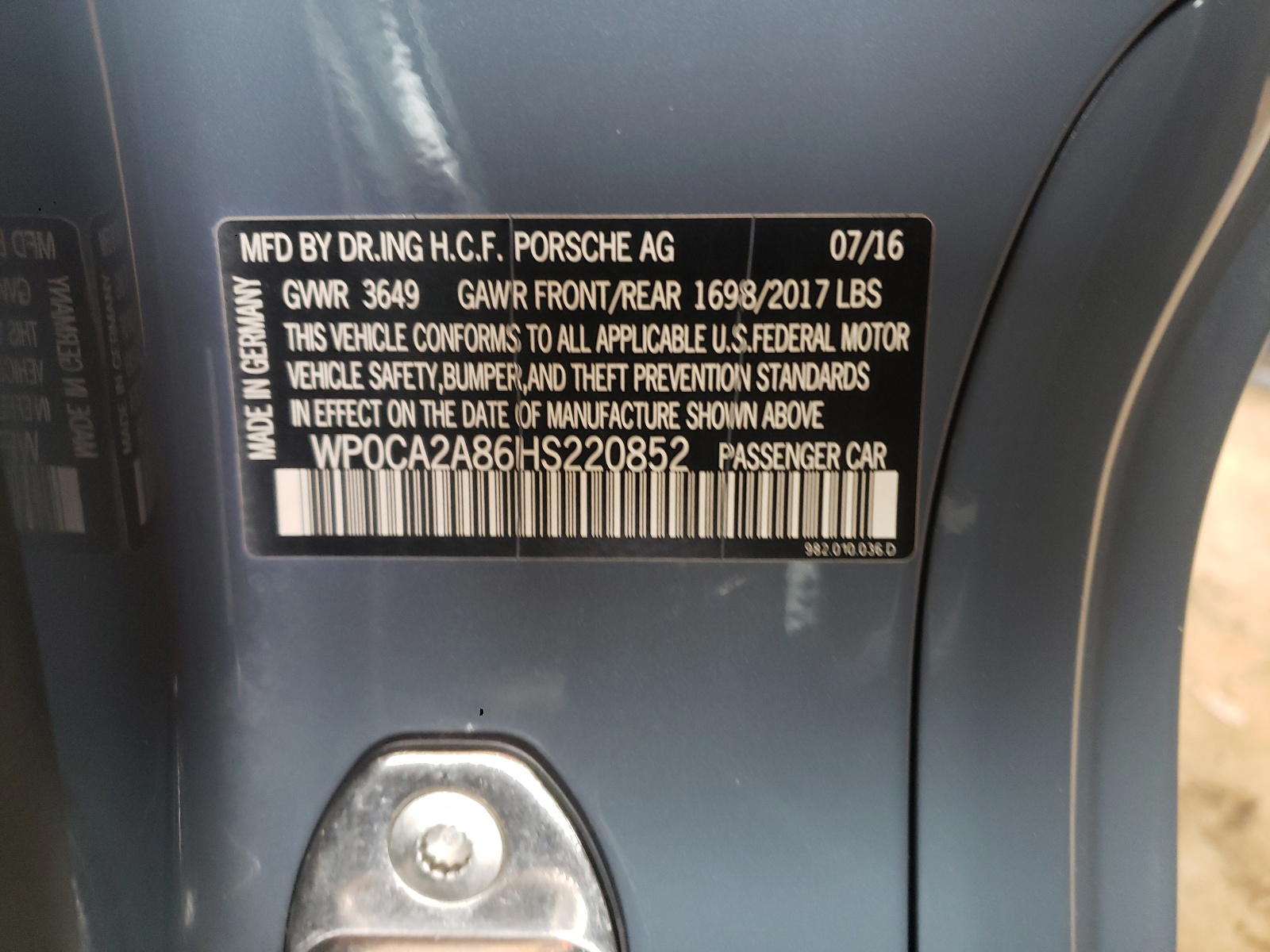 Photo 10 from auction – 2017 PORSCHE BOXSTER with VIN WP0CA2A86HS220852