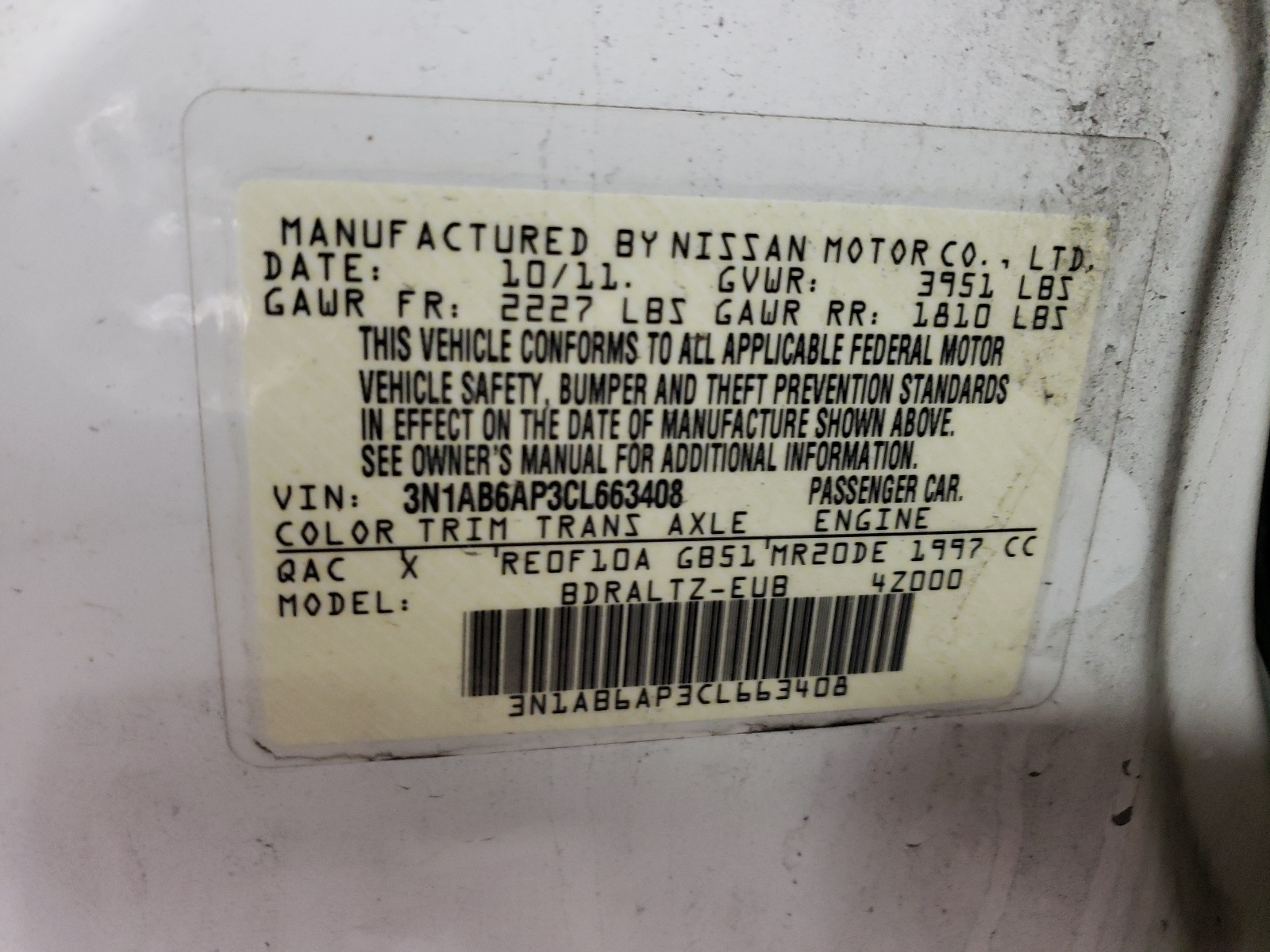 Photo 10 from auction – 2012 NISSAN SENTRA 2.0 with VIN 3N1AB6AP3CL663408