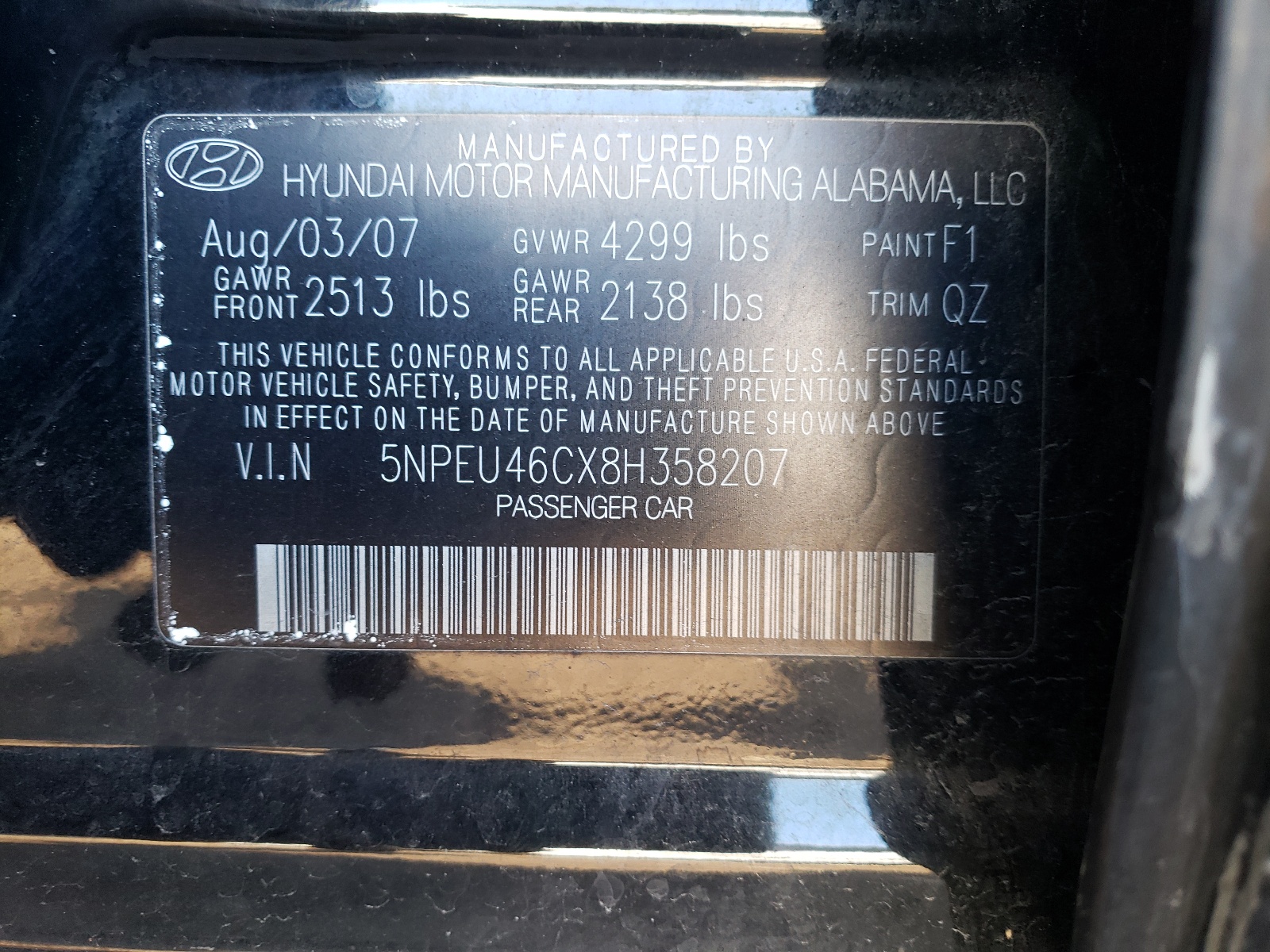 Photo 10 from auction – 2008 HYUNDAI SONATA SE with VIN 5NPEU46CX8H358207