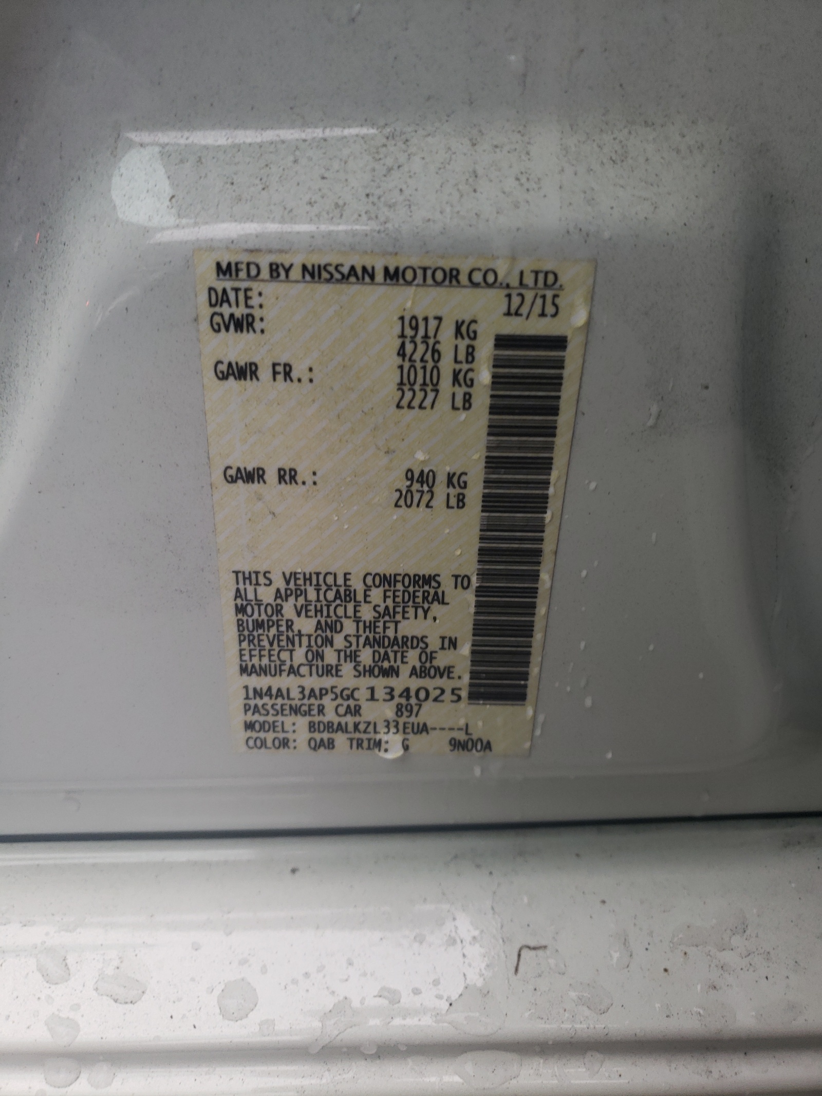 Photo 10 from auction – 2016 NISSAN ALTIMA 2.5 with VIN 1N4AL3AP5GC134025