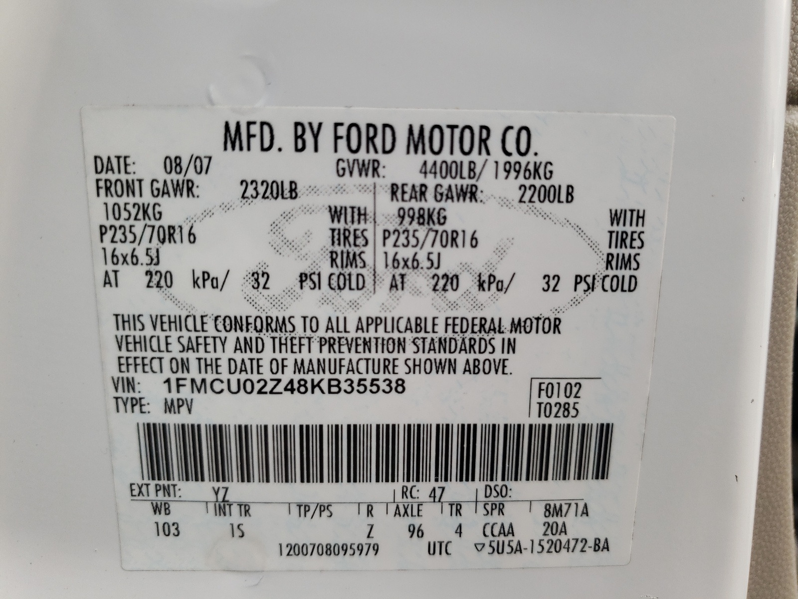 Photo 10 from auction – 2008 FORD ESCAPE XLS with VIN 1FMCU02Z48KB35538