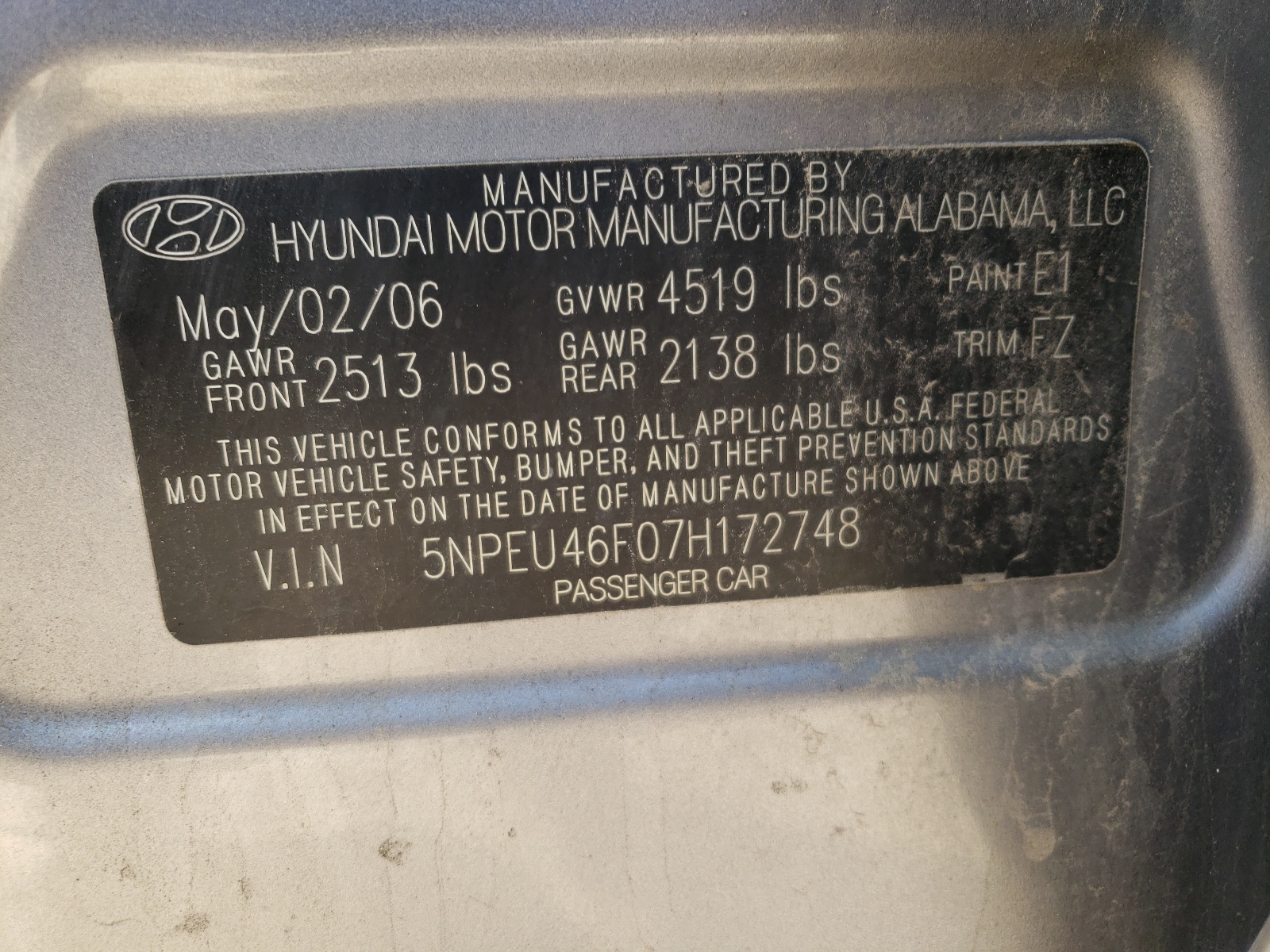 Photo 10 from auction – 2007 HYUNDAI SONATA SE with VIN 5NPEU46F07H172748