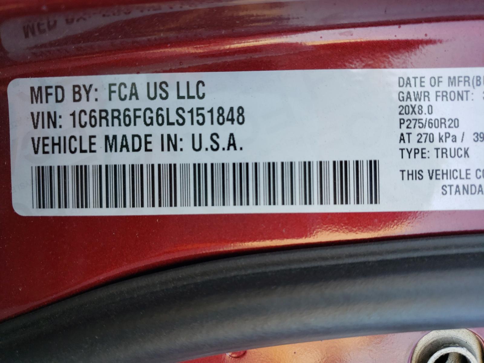 Photo 10 from auction – 2020 RAM 1500 CLASS with VIN 1C6RR6FG6LS151848