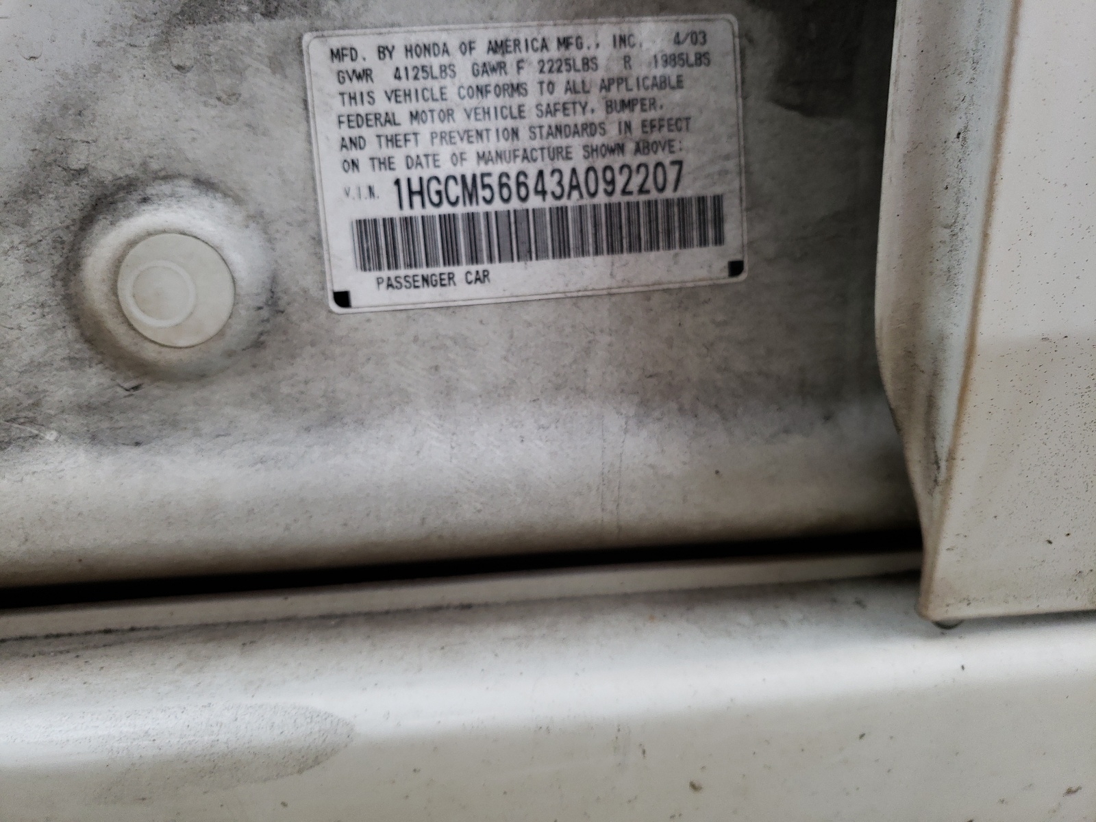 Photo 10 from auction – 2003 HONDA ACCORD EX with VIN 1HGCM56643A092207