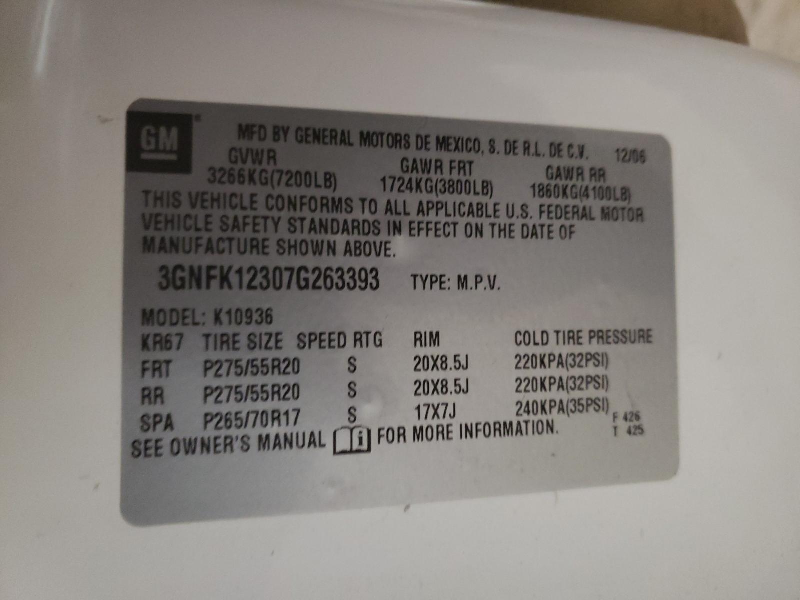 Photo 10 from auction – 2007 CHEVROLET AVALANCHE with VIN 3GNFK12307G263393