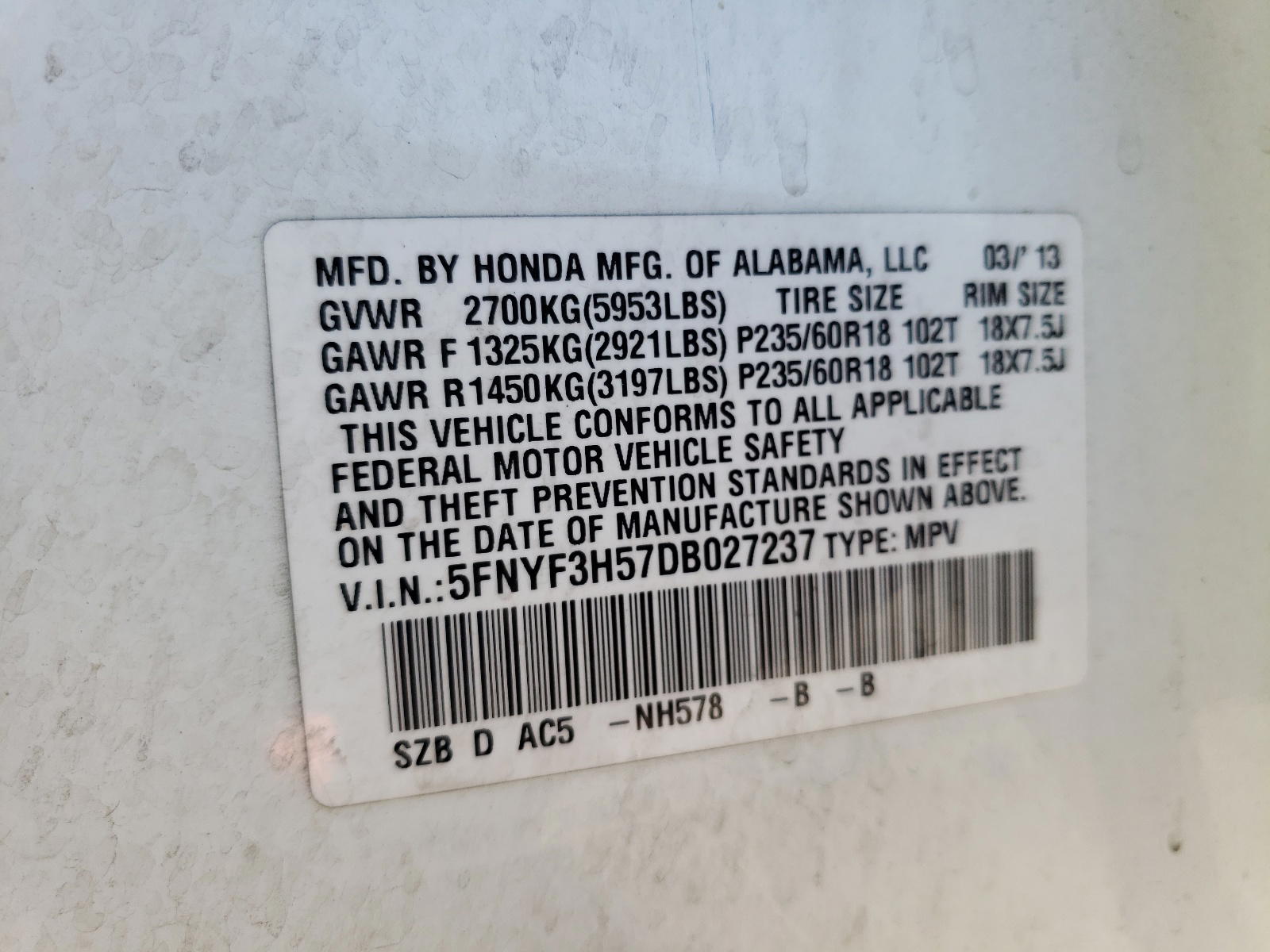 Photo 10 from auction – 2013 HONDA PILOT EXL with VIN 5FNYF3H57DB027237