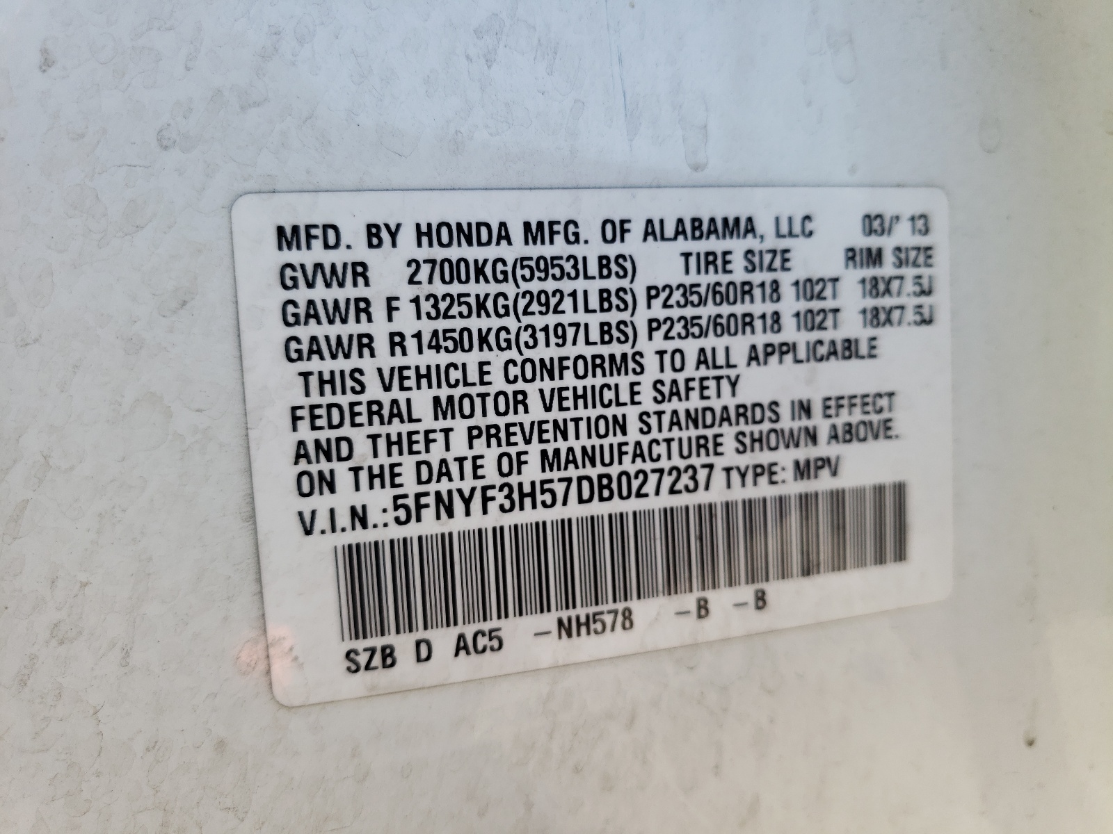 صورة رقم 10 من المزاد - 2013 HONDA PILOT EXL مع VIN 5FNYF3H57DB027237
