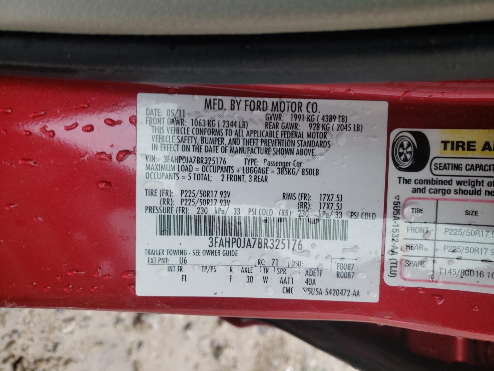 Photo 10 from auction – 2011 FORD FUSION SEL with VIN 3FAHP0JA7BR325176