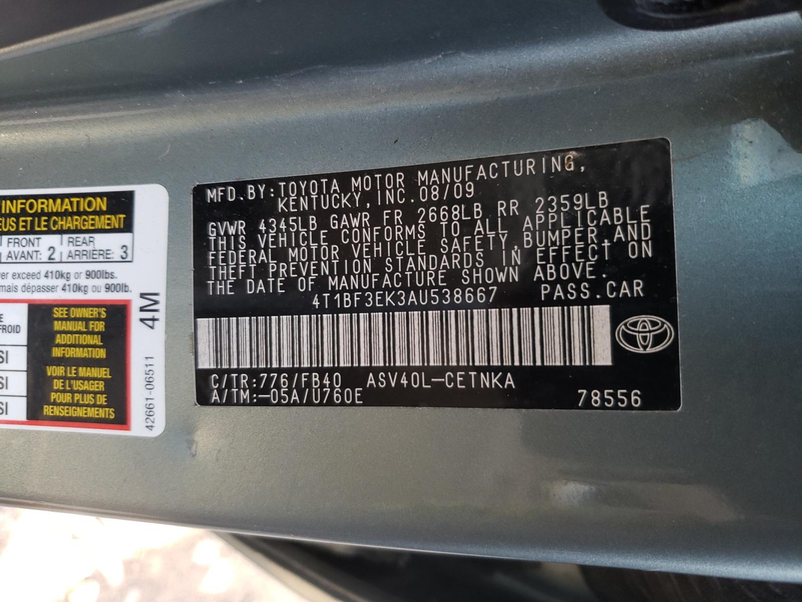 Photo 10 from auction – 2010 TOYOTA CAMRY BASE with VIN 4T1BF3EK3AU538667
