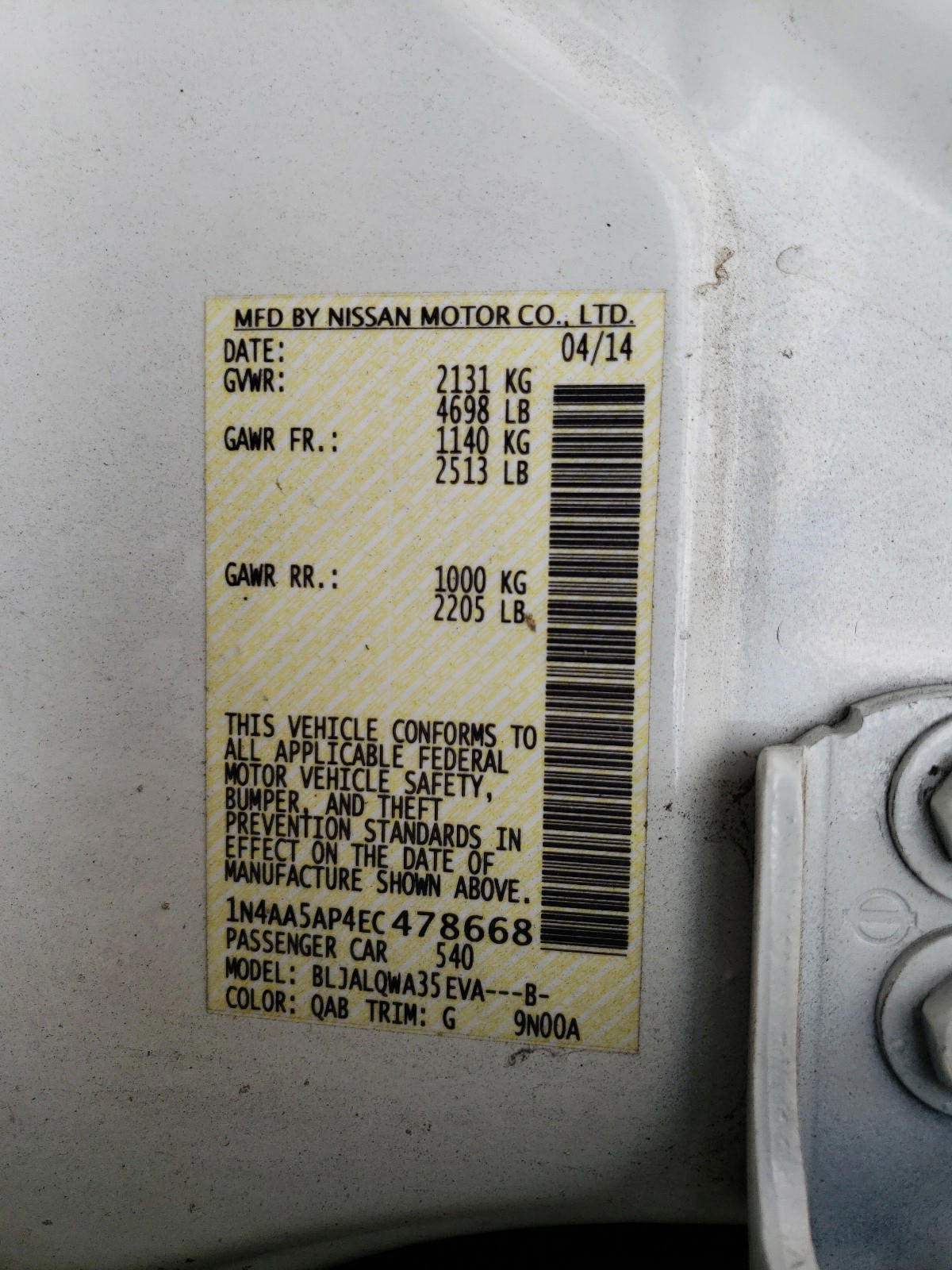 Photo 10 from auction – 2014 NISSAN MAXIMA S with VIN 1N4AA5AP4EC478668