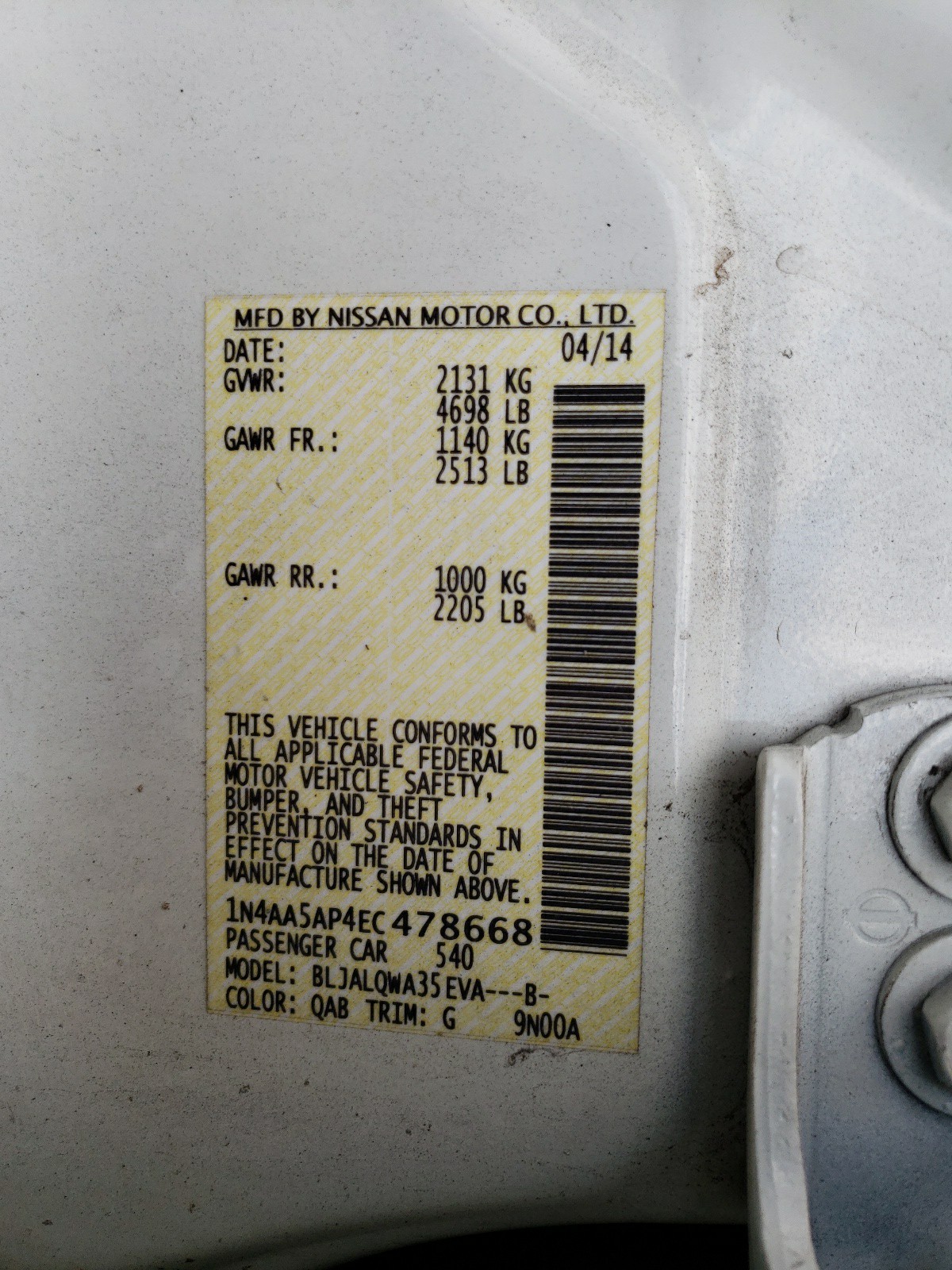 Foto 10 de la subasta – 2014 NISSAN MAXIMA S con VIN 1N4AA5AP4EC478668