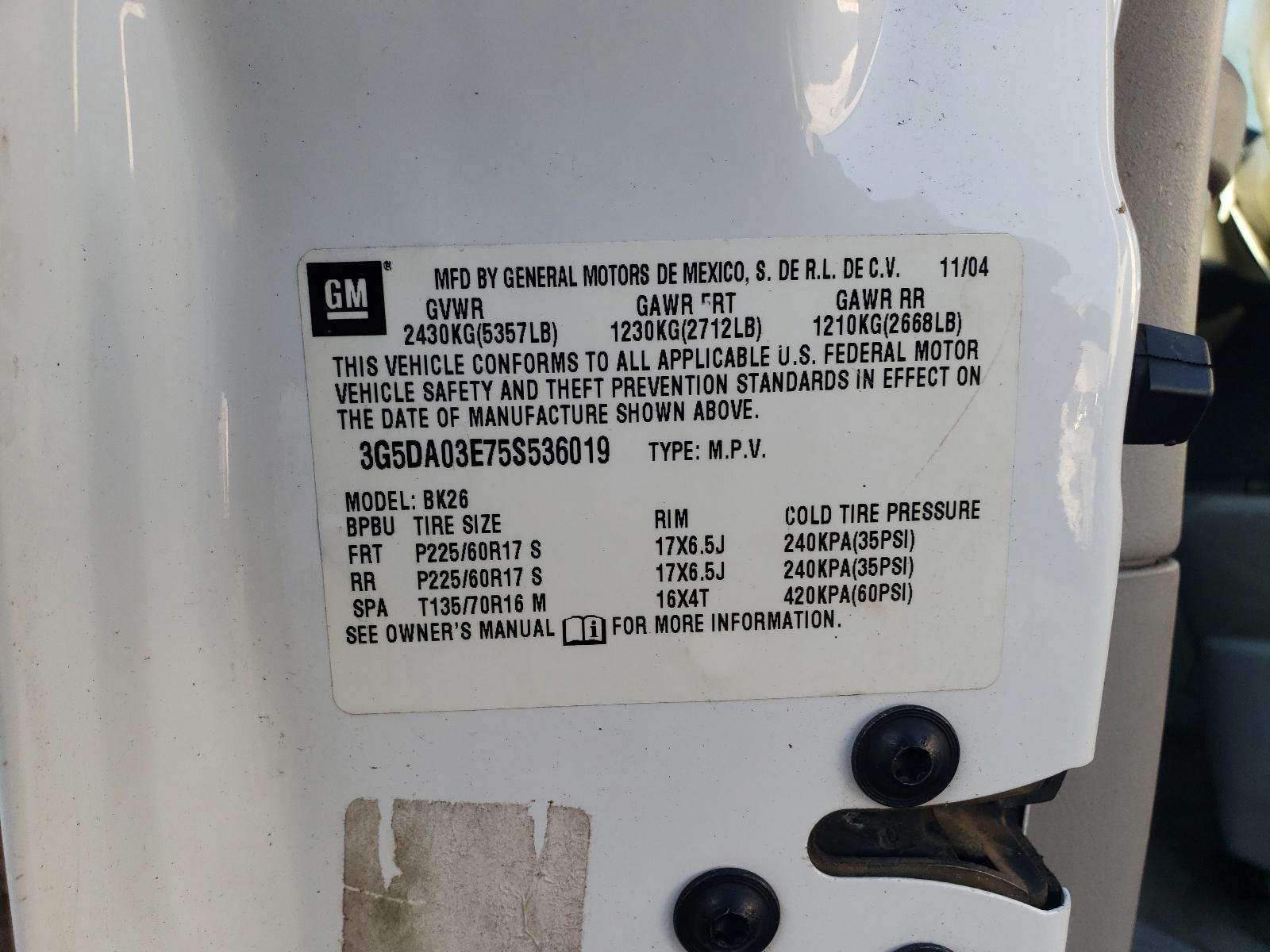Photo 10 from auction – 2005 BUICK RENDEZVOUS with VIN 3G5DA03E75S536019