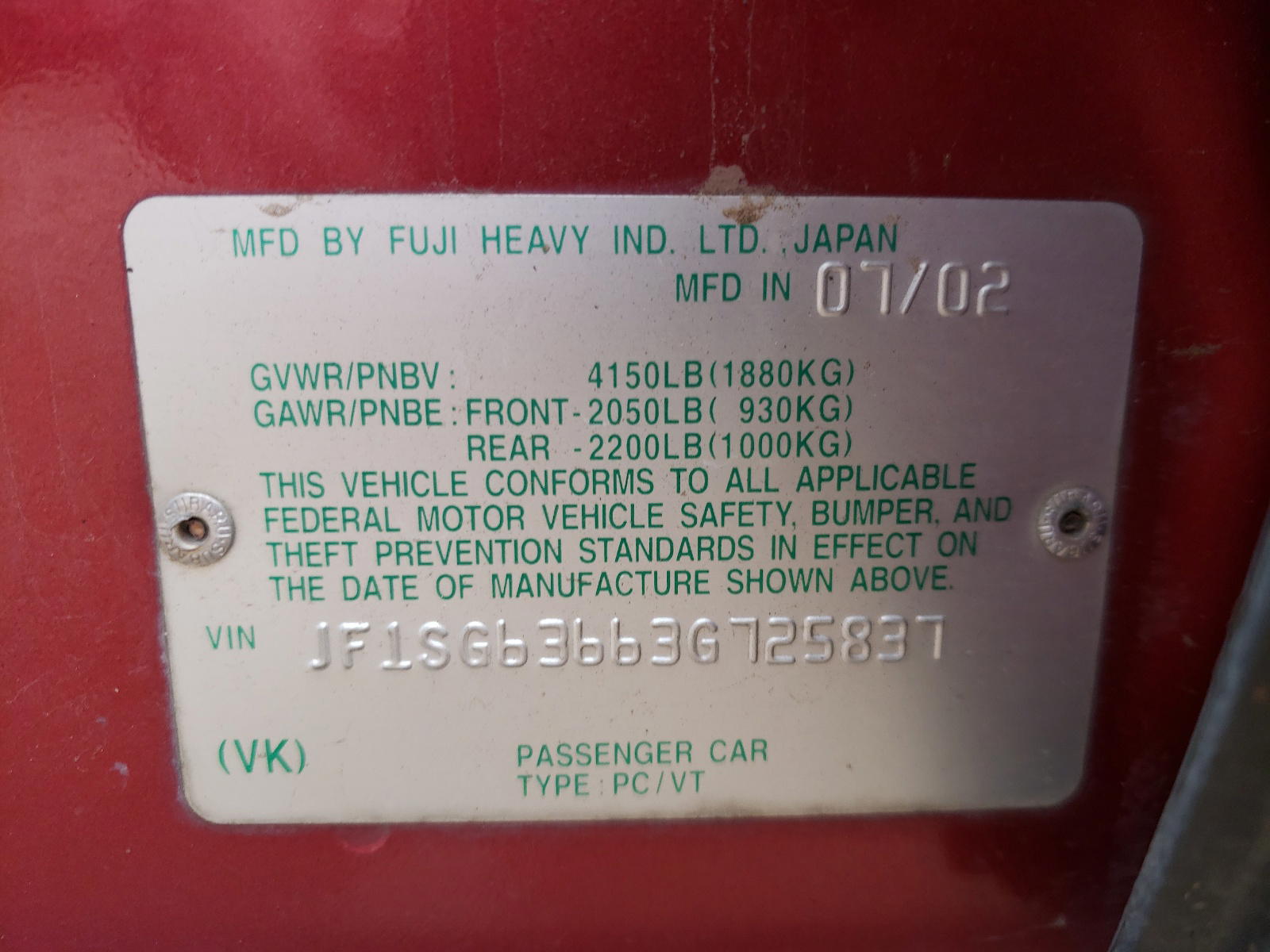 Photo 10 from auction – 2003 SUBARU FORESTER 2 with VIN JF1SG63663G725837