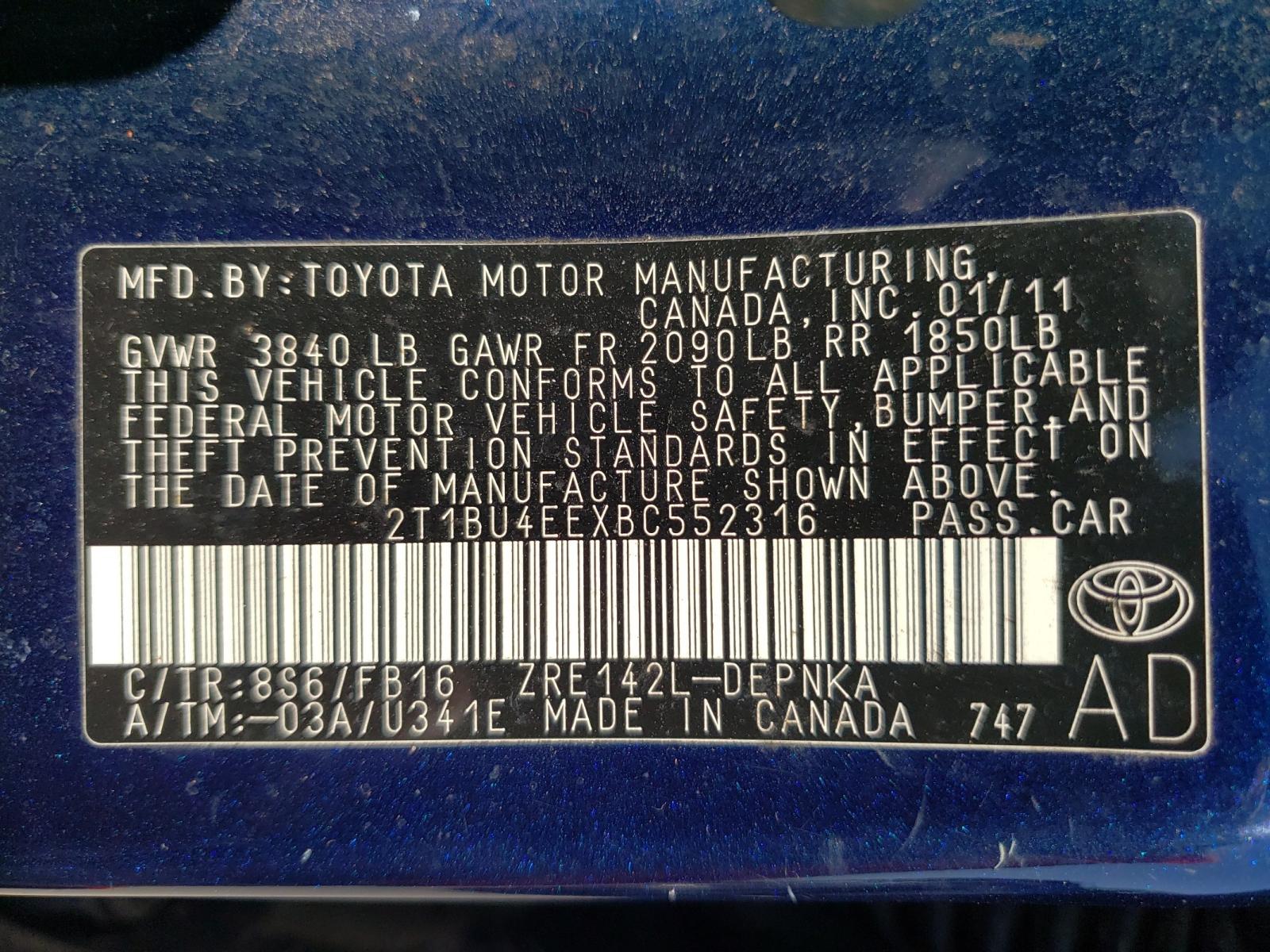 Photo 10 from auction – 2011 TOYOTA COROLLA BA with VIN 2T1BU4EEXBC552316