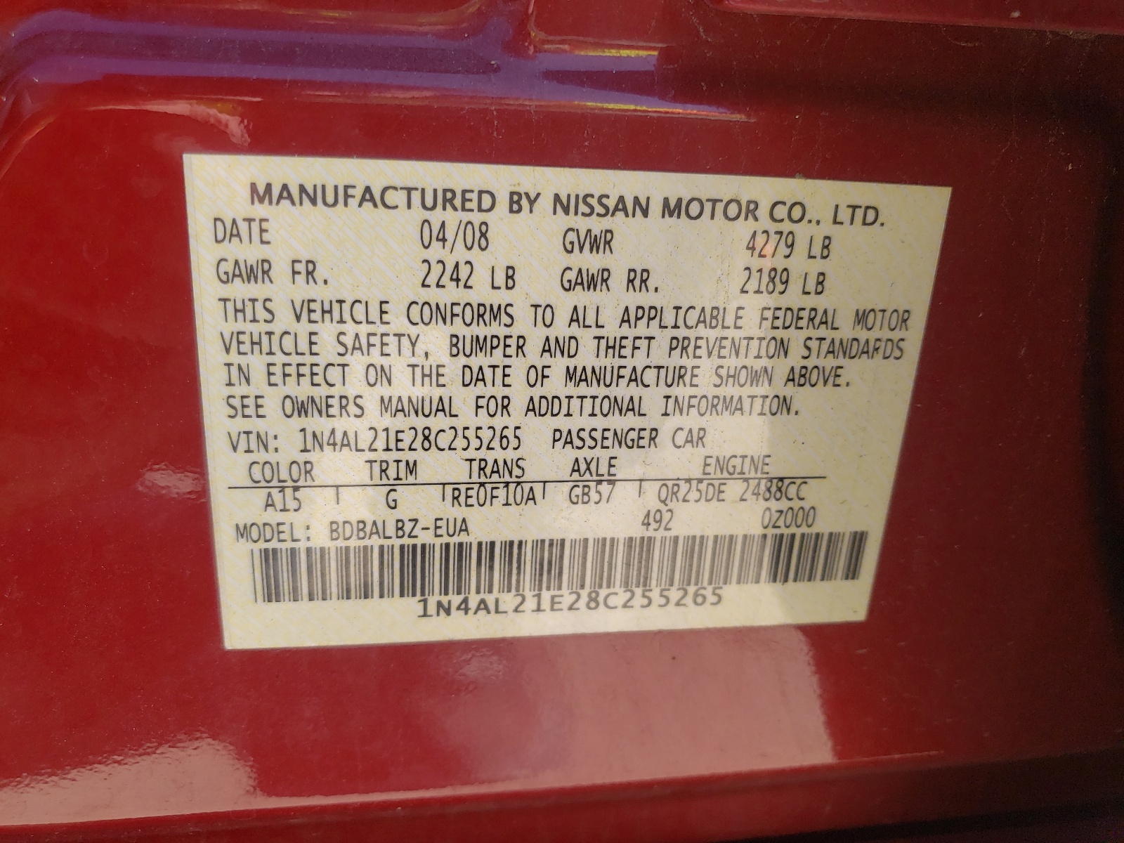 Photo 10 from auction – 2008 NISSAN ALTIMA 2.5 with VIN 1N4AL21E28C255265